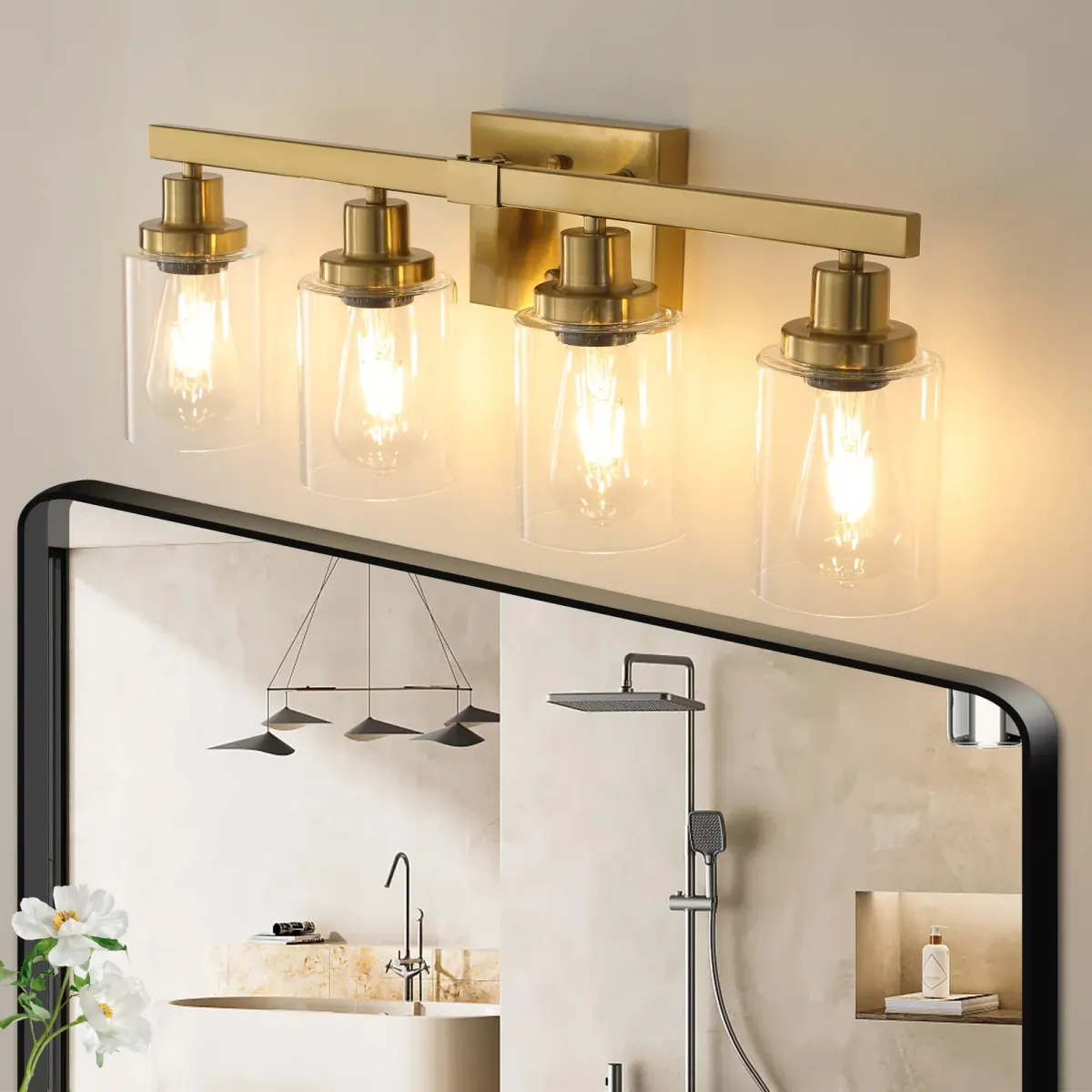 Clear glass vanity bar, 4 lights, gold, view 4