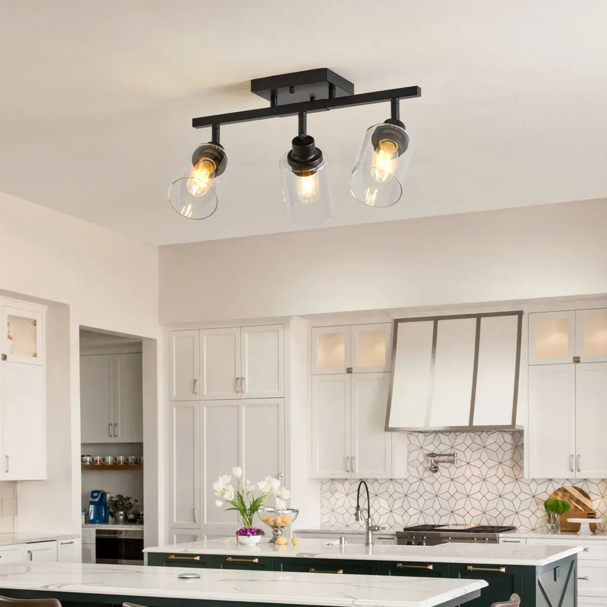 Clear glass semi-flush mount, 3 lights, black, view 2
