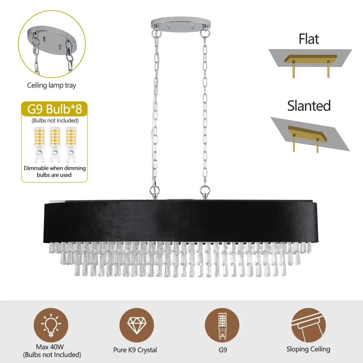 8-light crystal chandelier, black,chrome,transparent, manufacturer image 2
