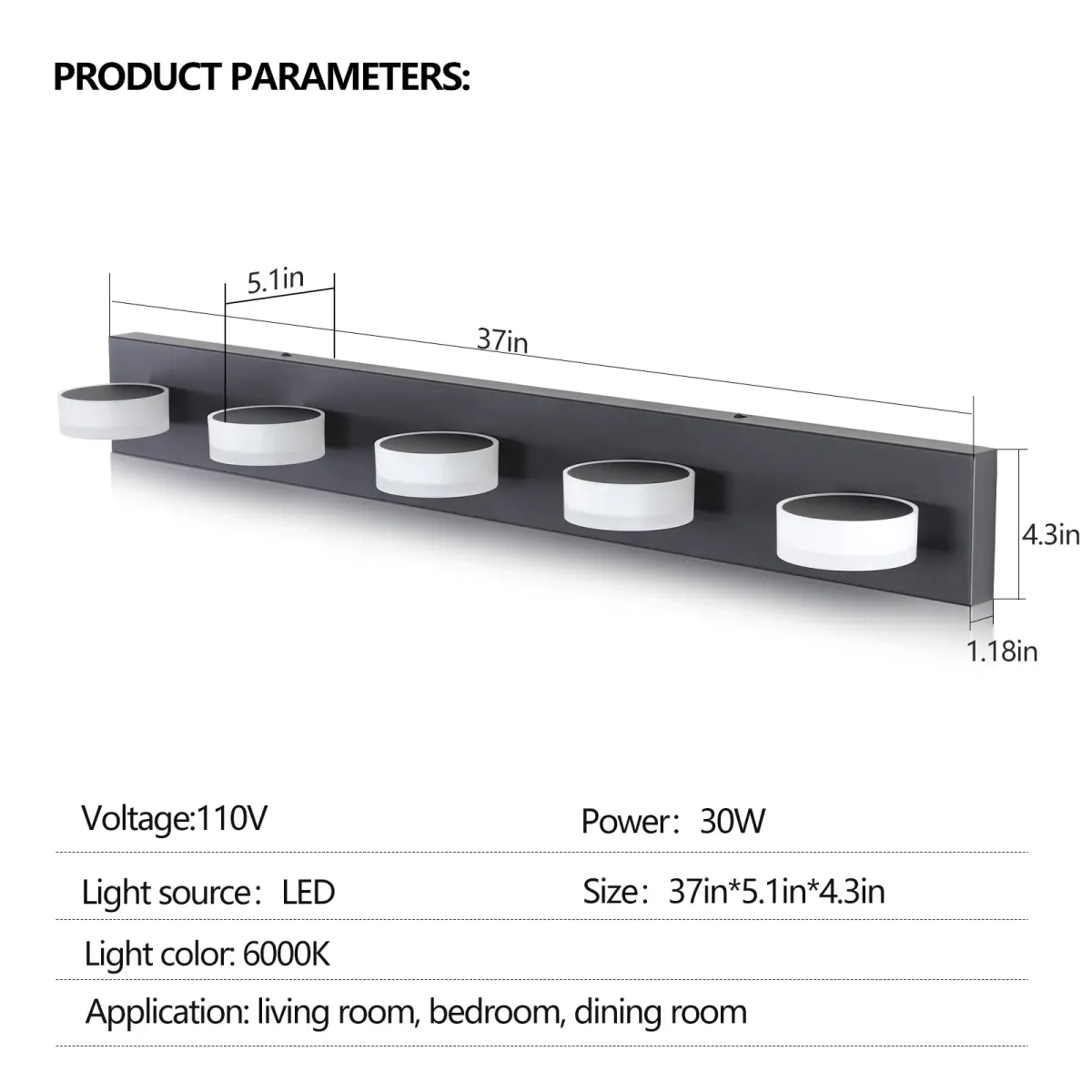 Acrylic shade vanity bar, 5 lights, black, dimension drawing 1