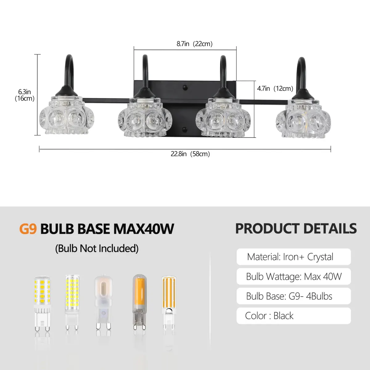 Crystal glass vanity bar, 4 lights, black, dimension drawing 1