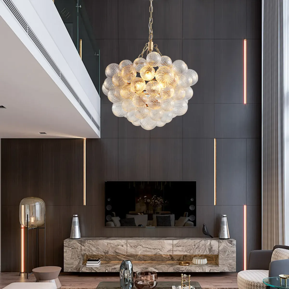 Clear glass glass globe chandelier, 20.1 in, gold, view 6