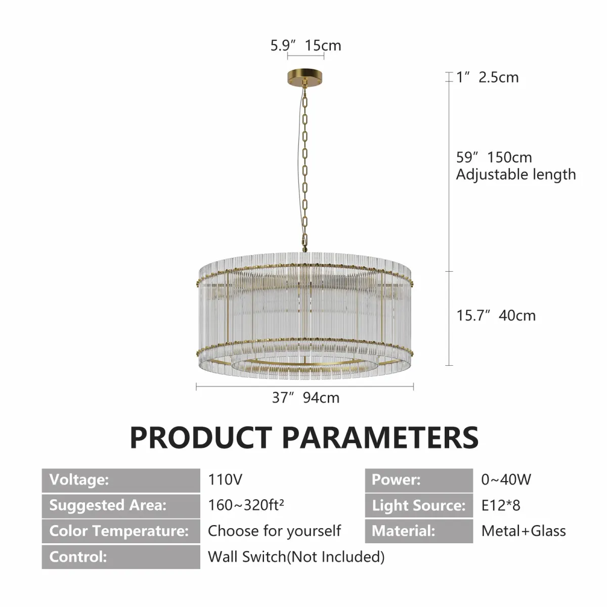 8-light crystal chandelier, gold, dimension drawing 1