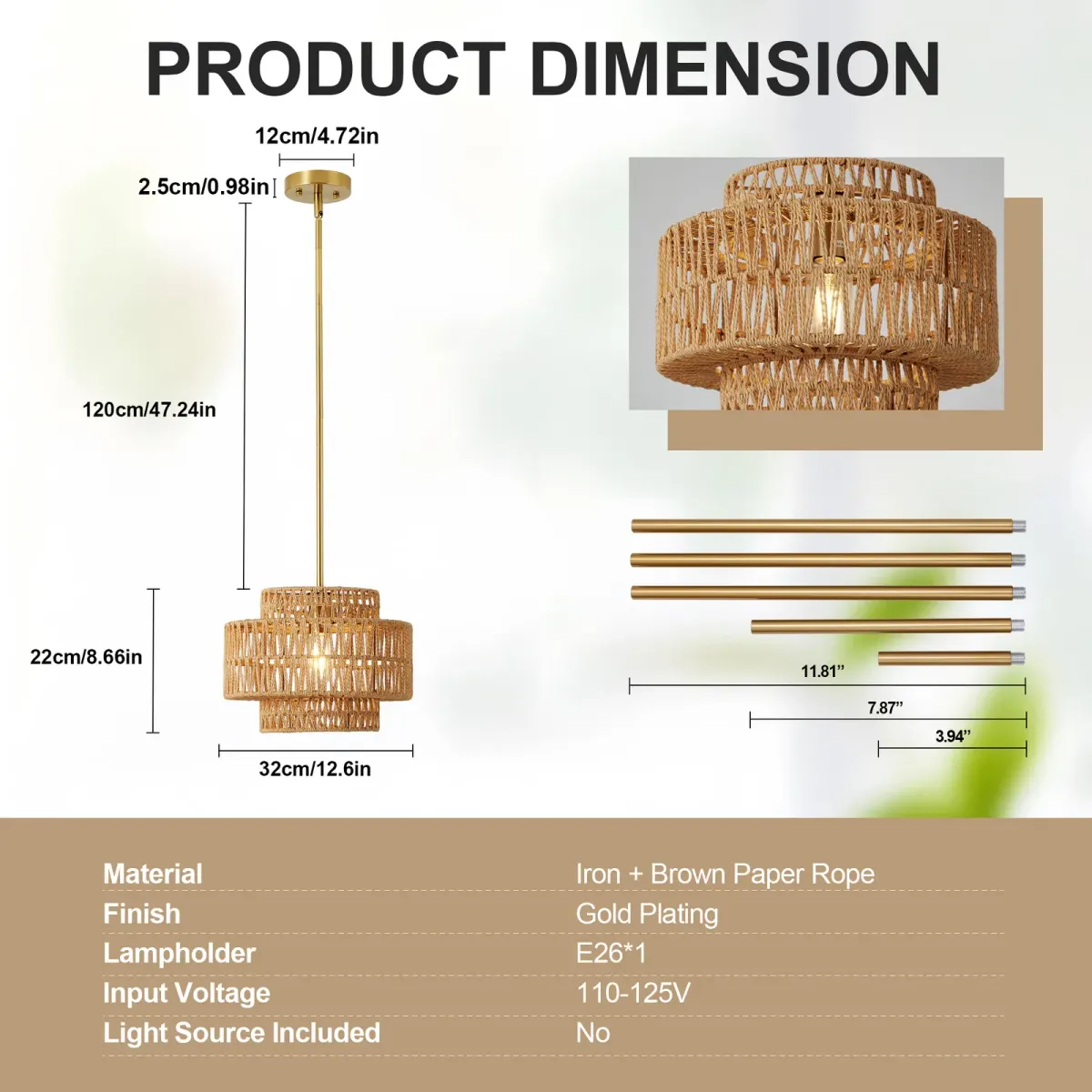 1-light rattan chandelier, brown, dimension drawing 1