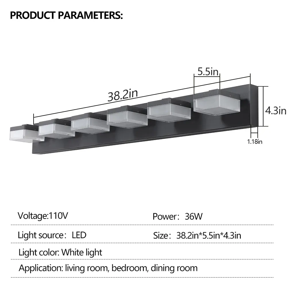 6-light vanity light, black, dimension drawing 1