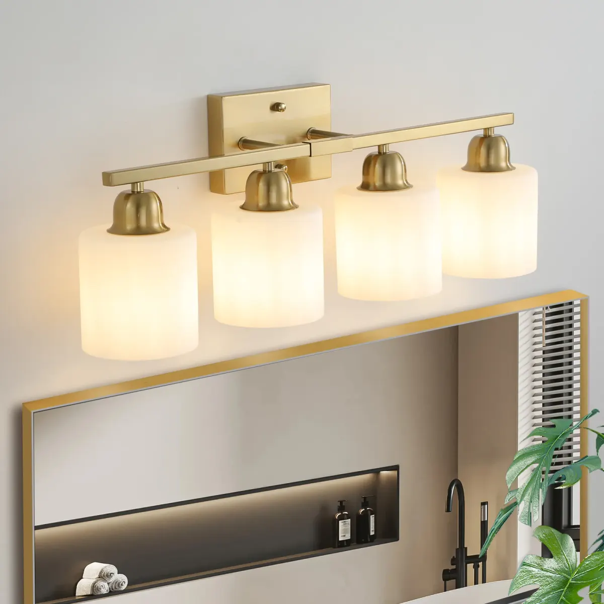 Frosted glass vanity bar, 4 lights, copper tone