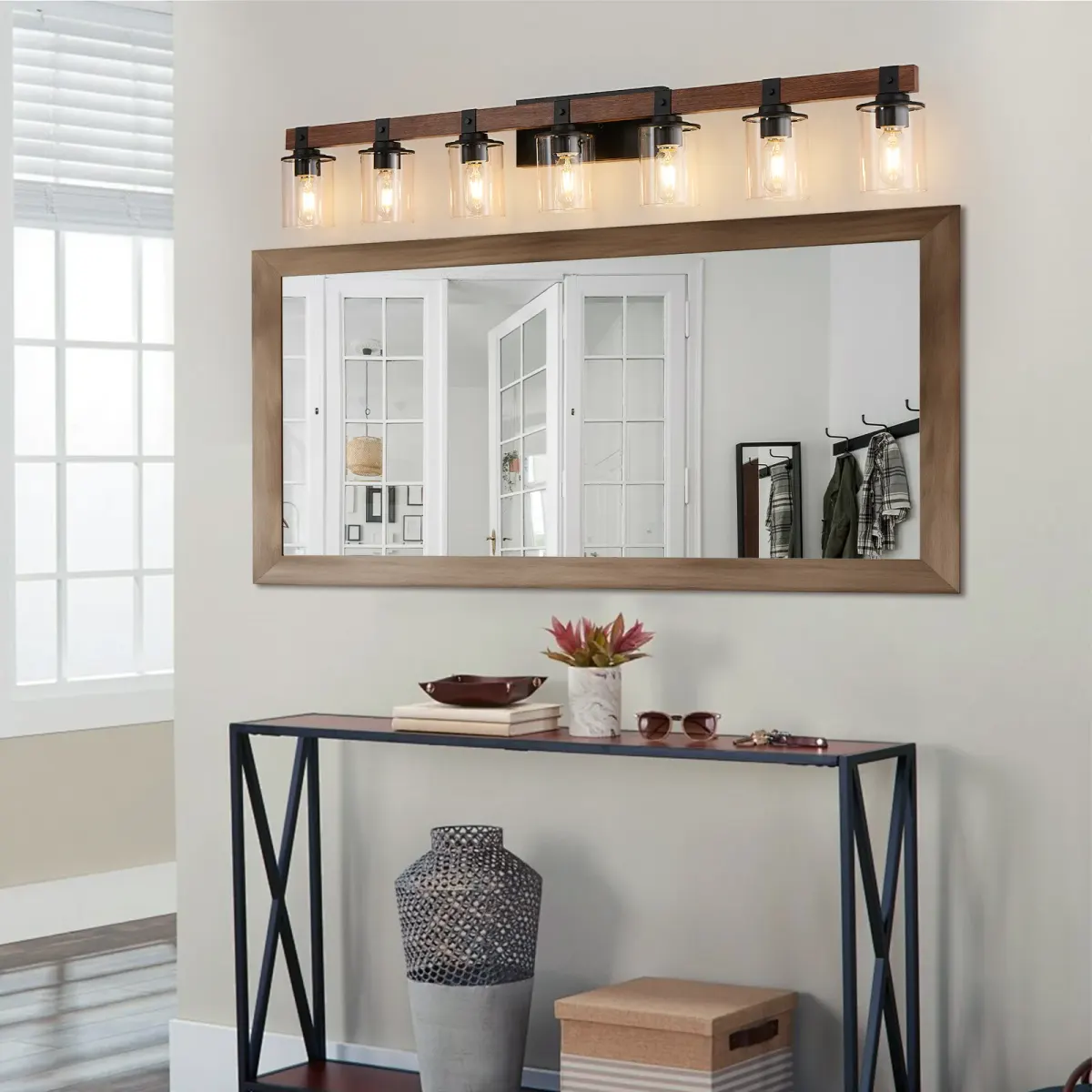 Wood vanity bar, 7 lights, walnut