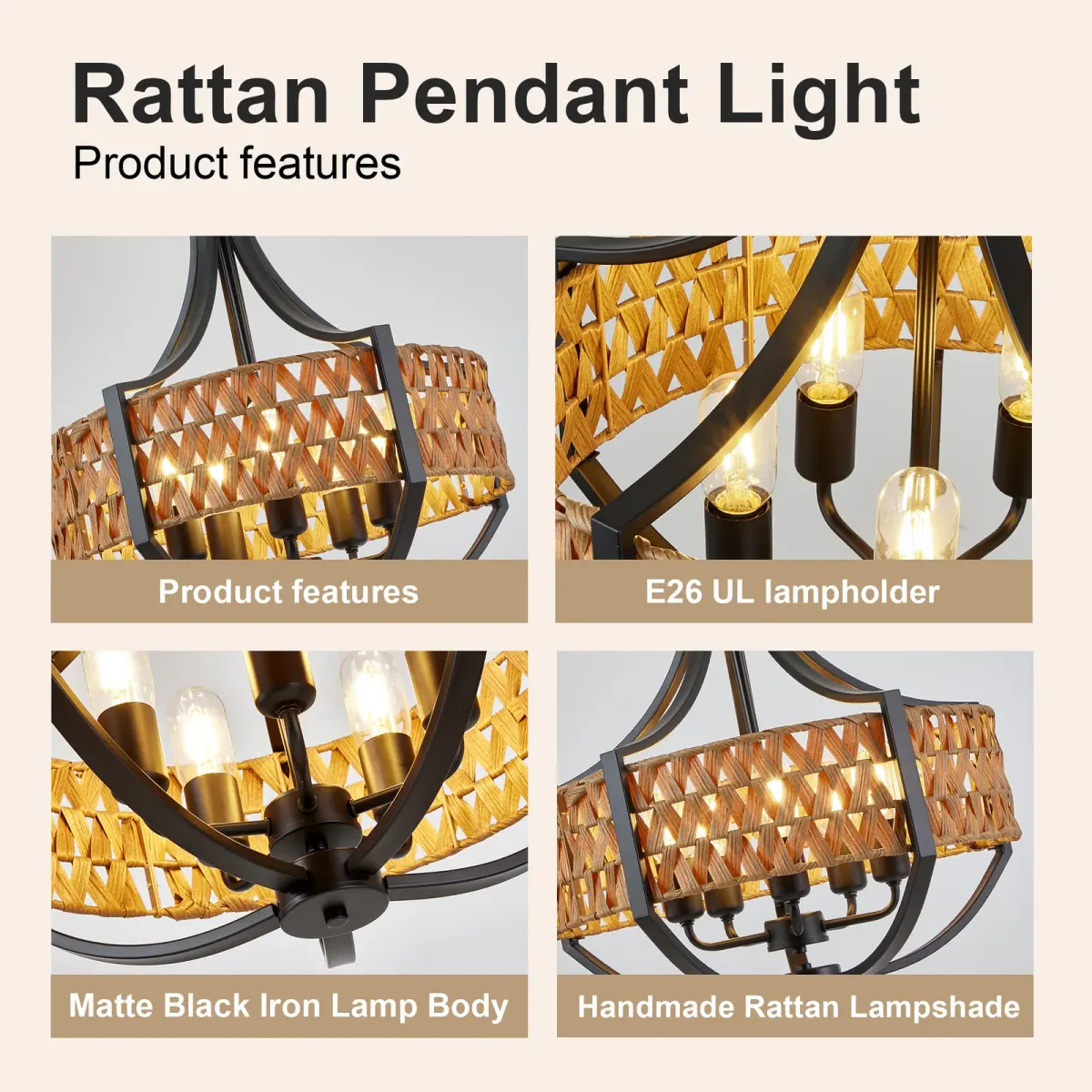 5-light rattan chandelier, black, manufacturer image 4