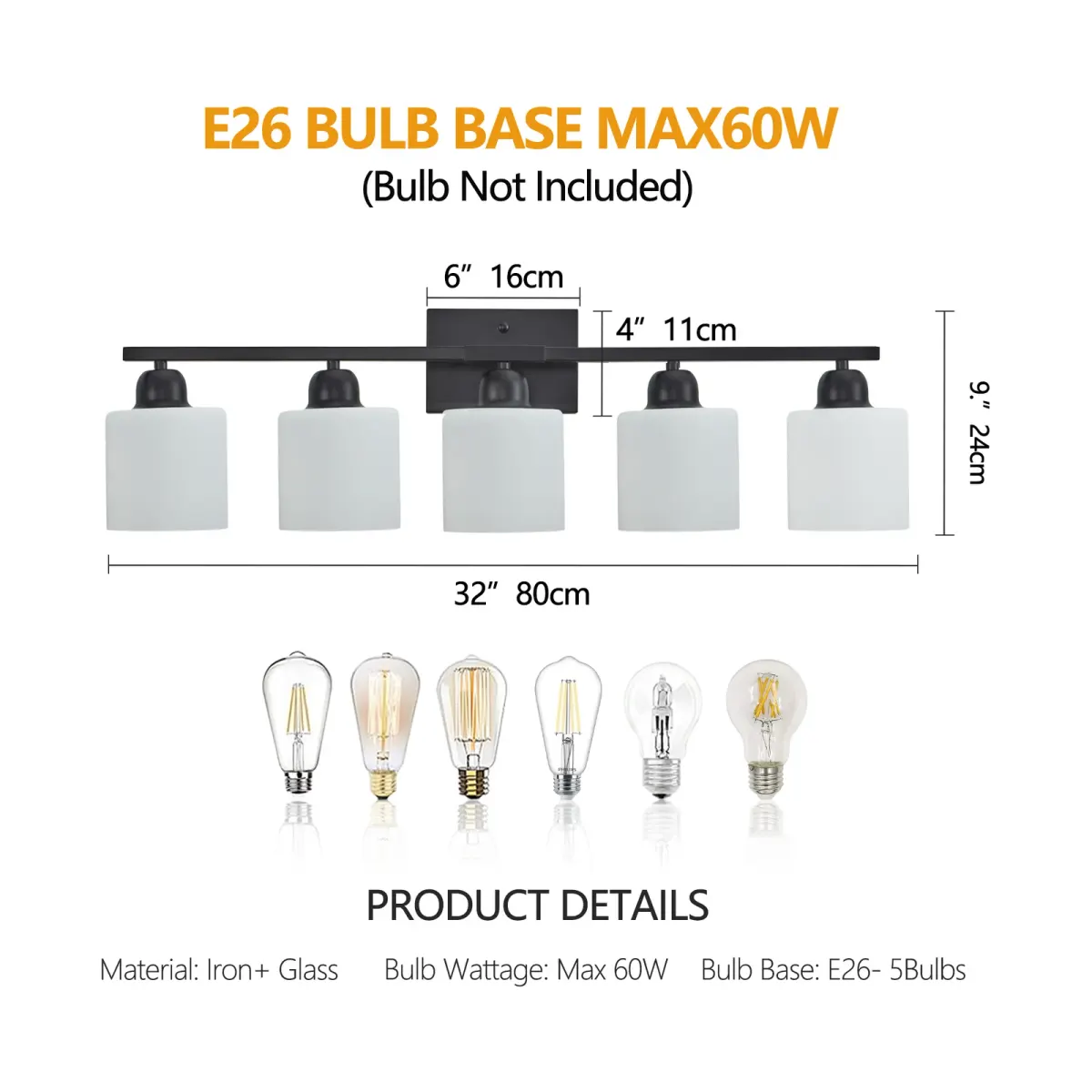 Frosted glass vanity bar, 5 lights, black, dimension drawing 1