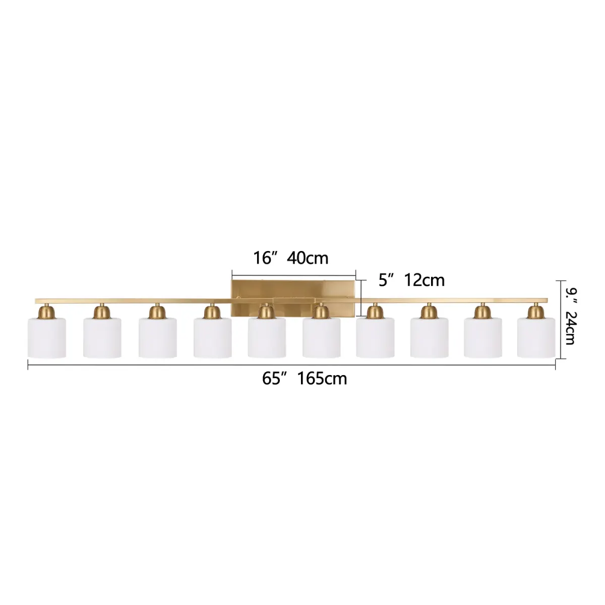 Frosted glass vanity bar, 65 in, copper tone, dimension drawing 1