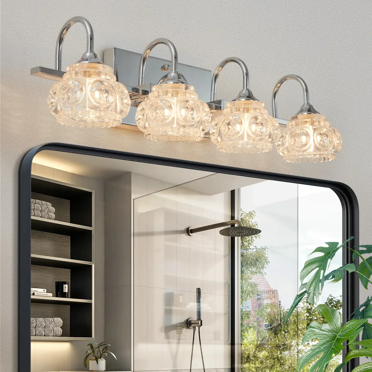 Crystal glass vanity bar, 4 lights, chrome