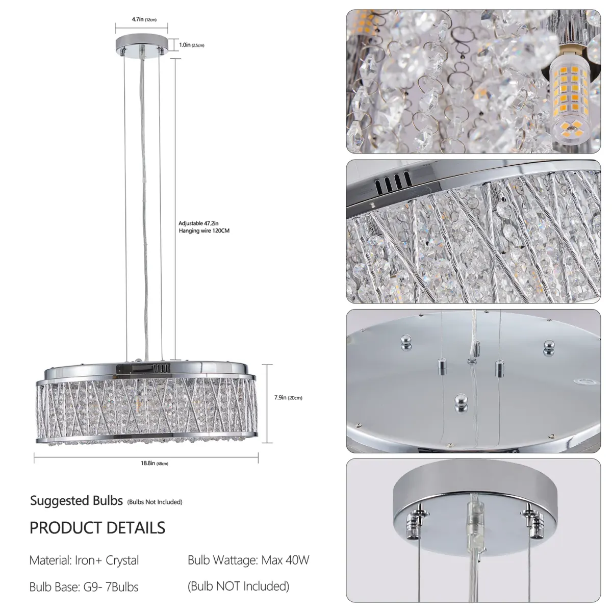 Crystal chandelier, 18.9 in, silver+clear, manufacturer image 3