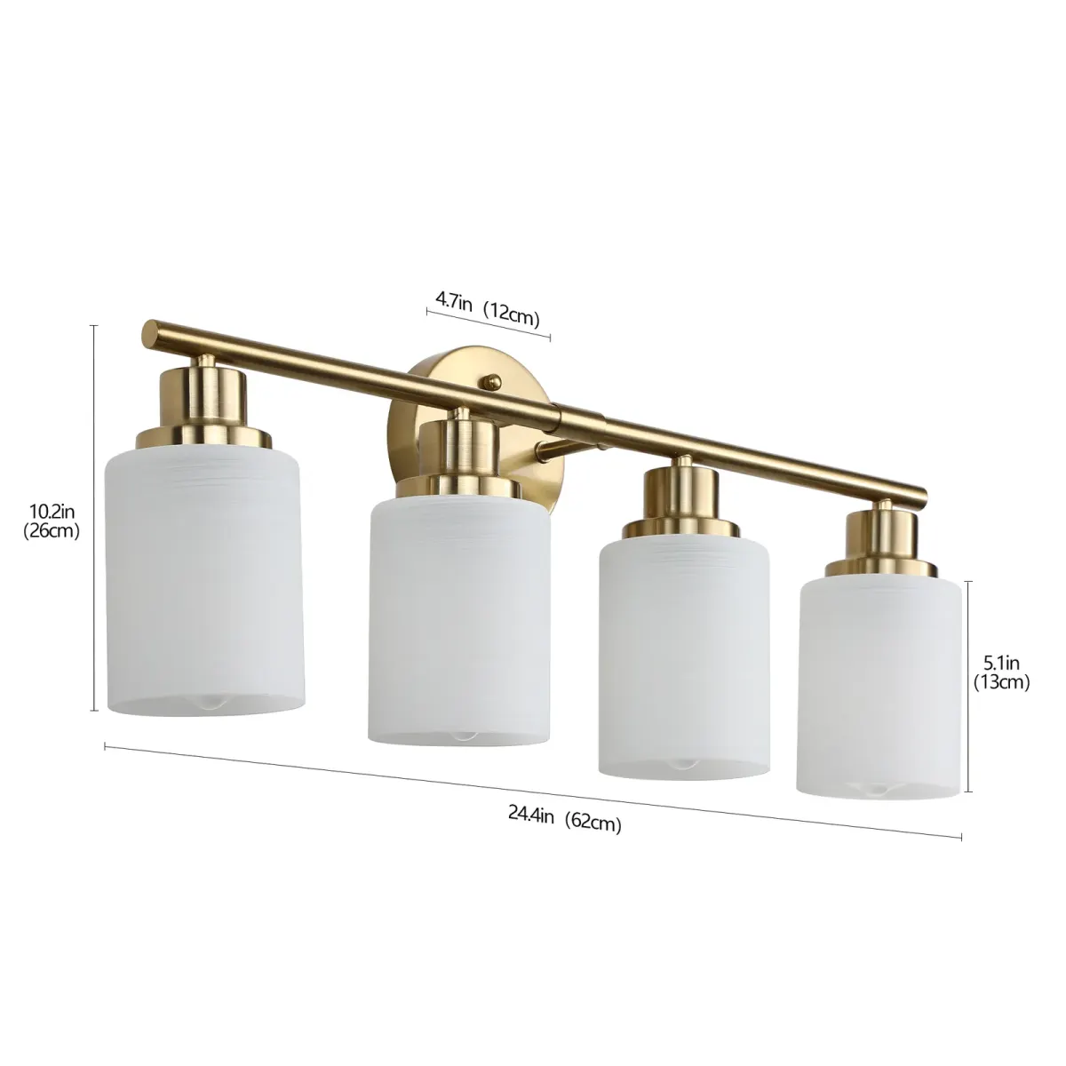 Frosted glass vanity sconce, 4 lights, copper tone, dimension drawing 2