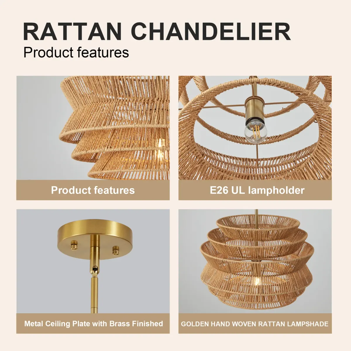 Rattan chandelier, 17.3 in, brown, manufacturer image 3