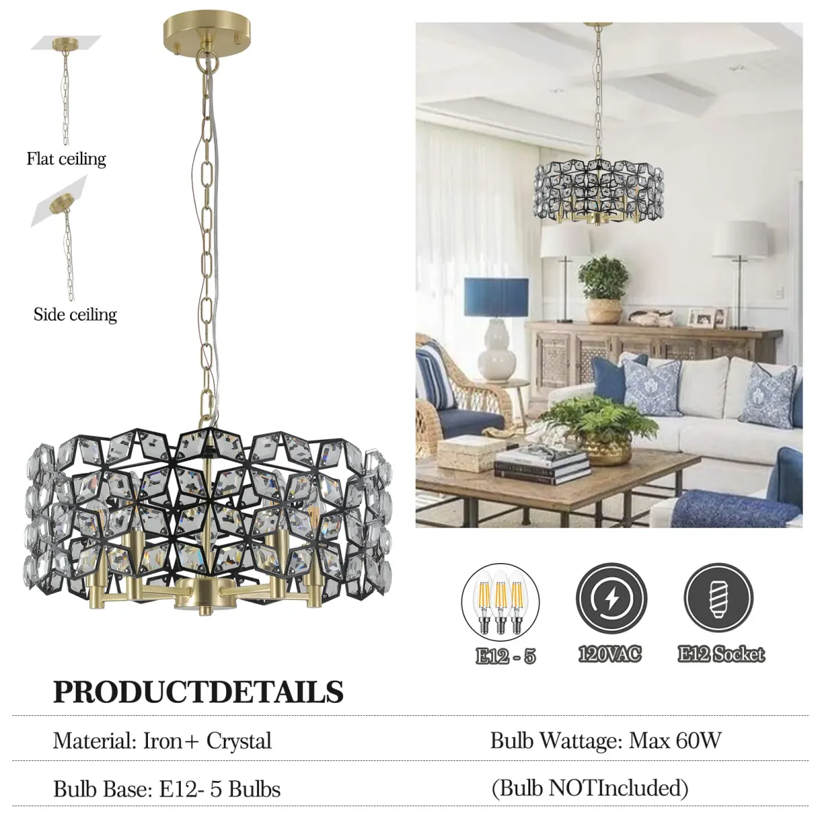 5-light crystal geometric chandelier, black,gold,transparent, manufacturer image 2