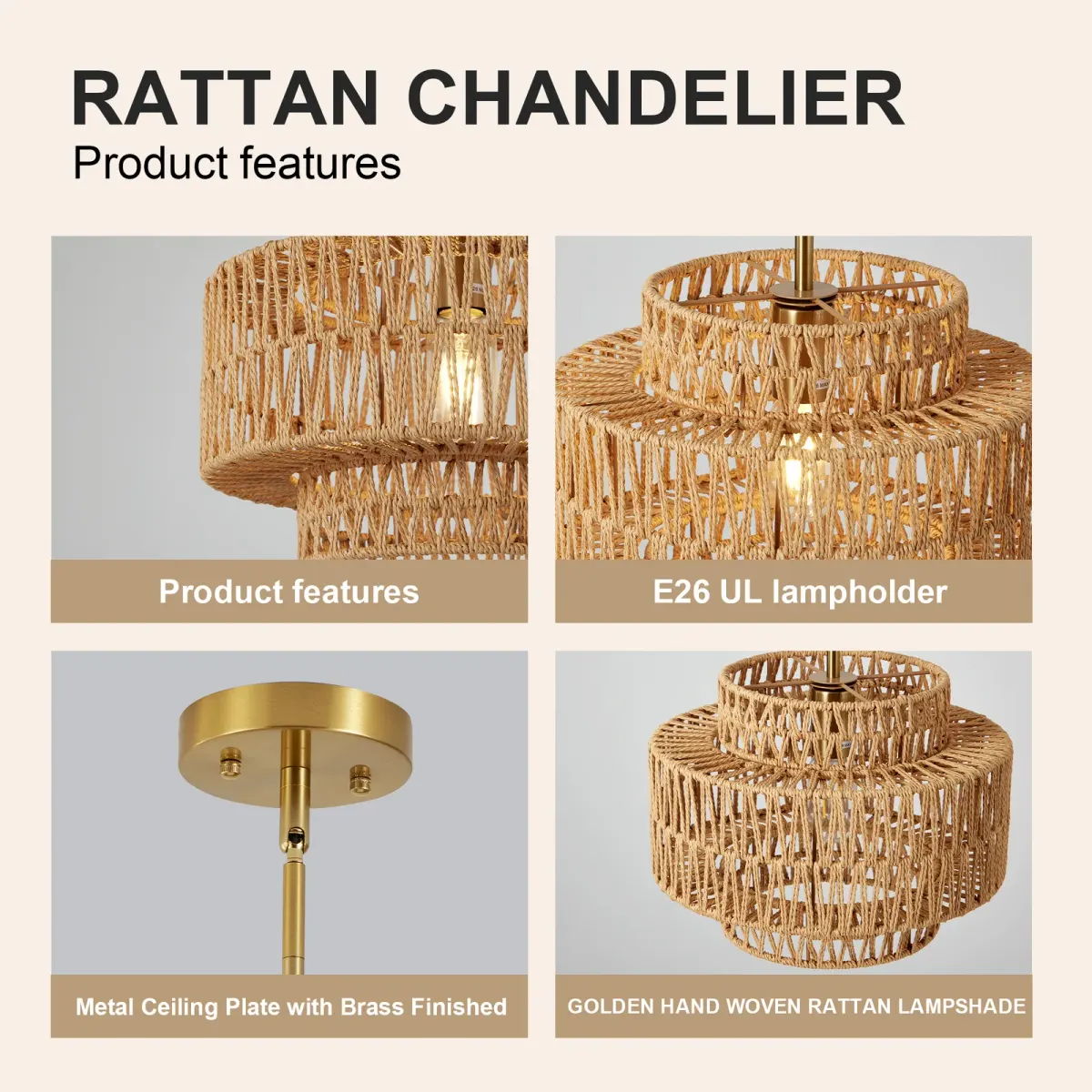 1-light rattan chandelier, brown, manufacturer image 3