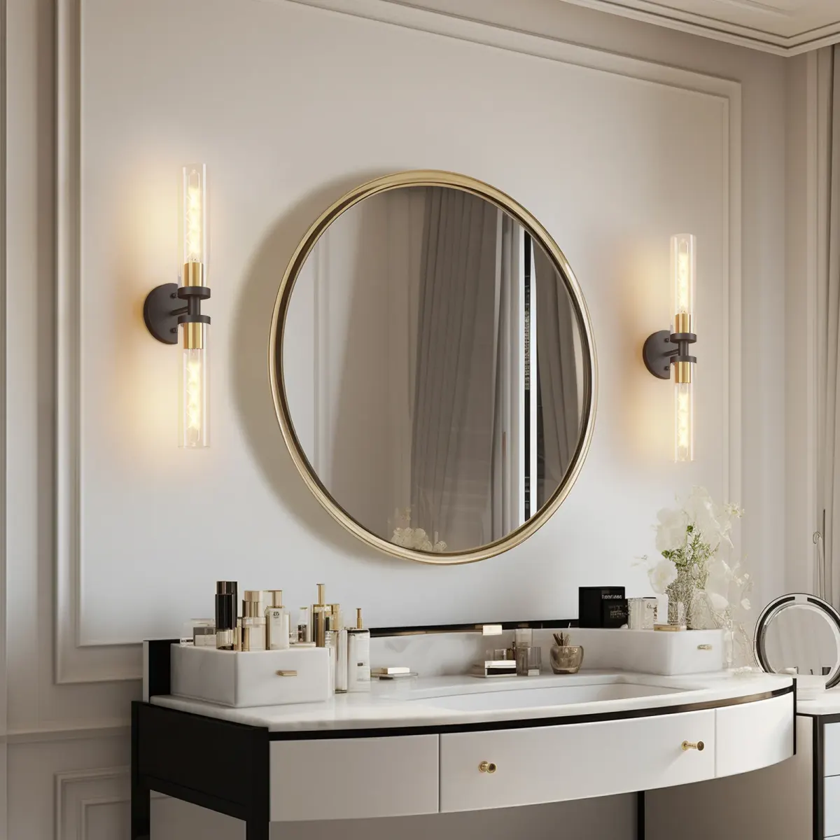 Clear glass wall sconce, 21.7 in, black and gold, view 5