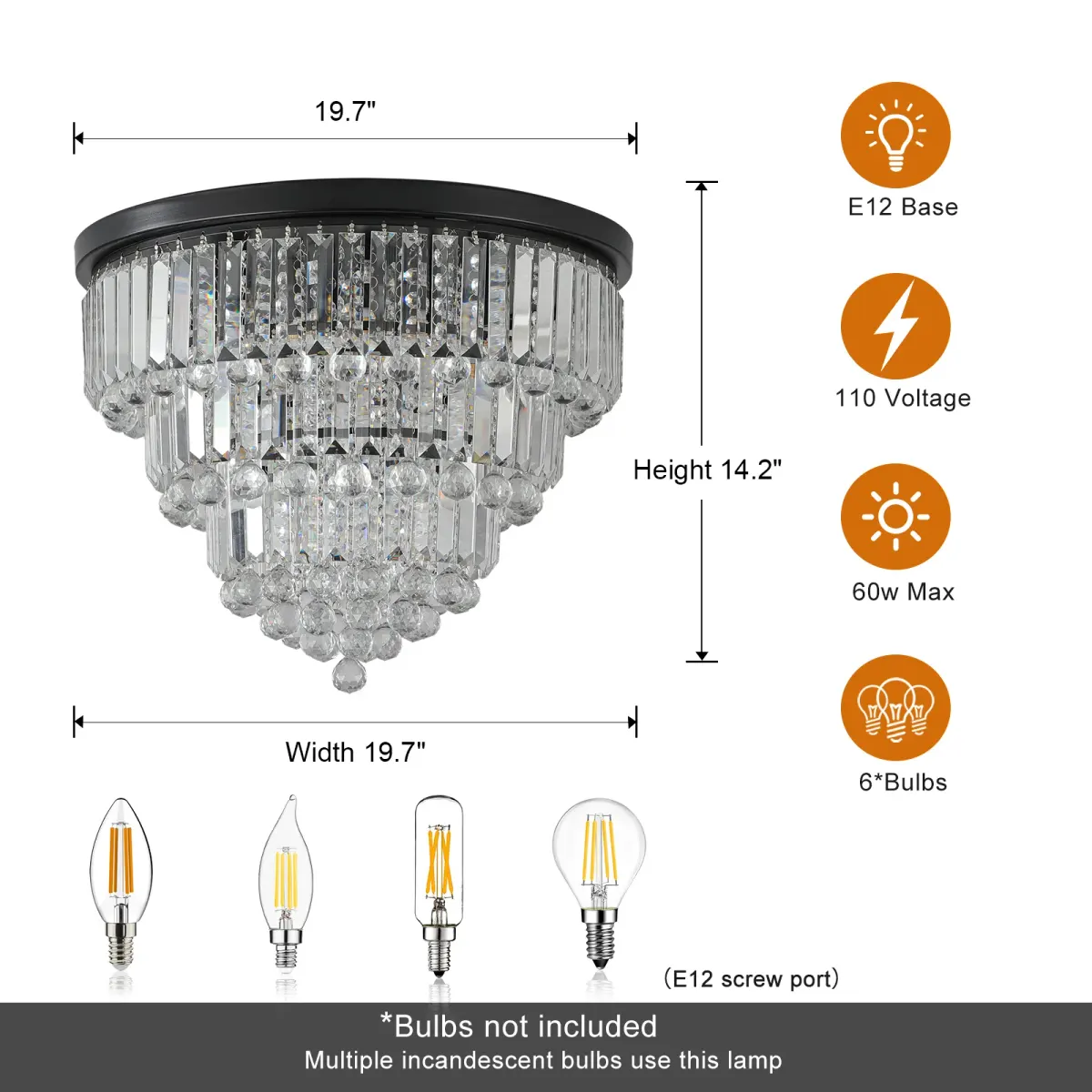 6-light crystal chandelier, black, dimension drawing 1