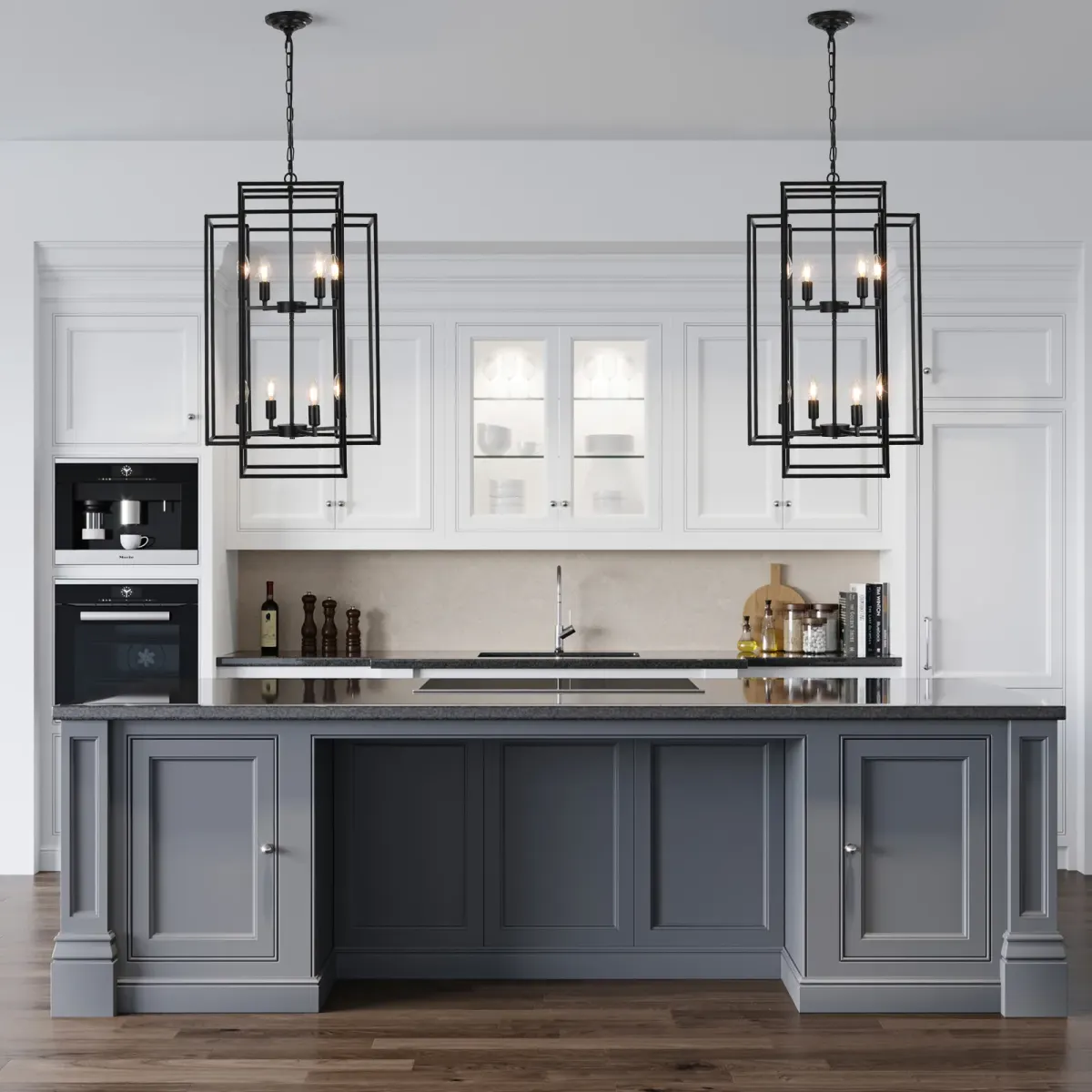 Geometric pendant chandelier, 8 lights, black, view 9