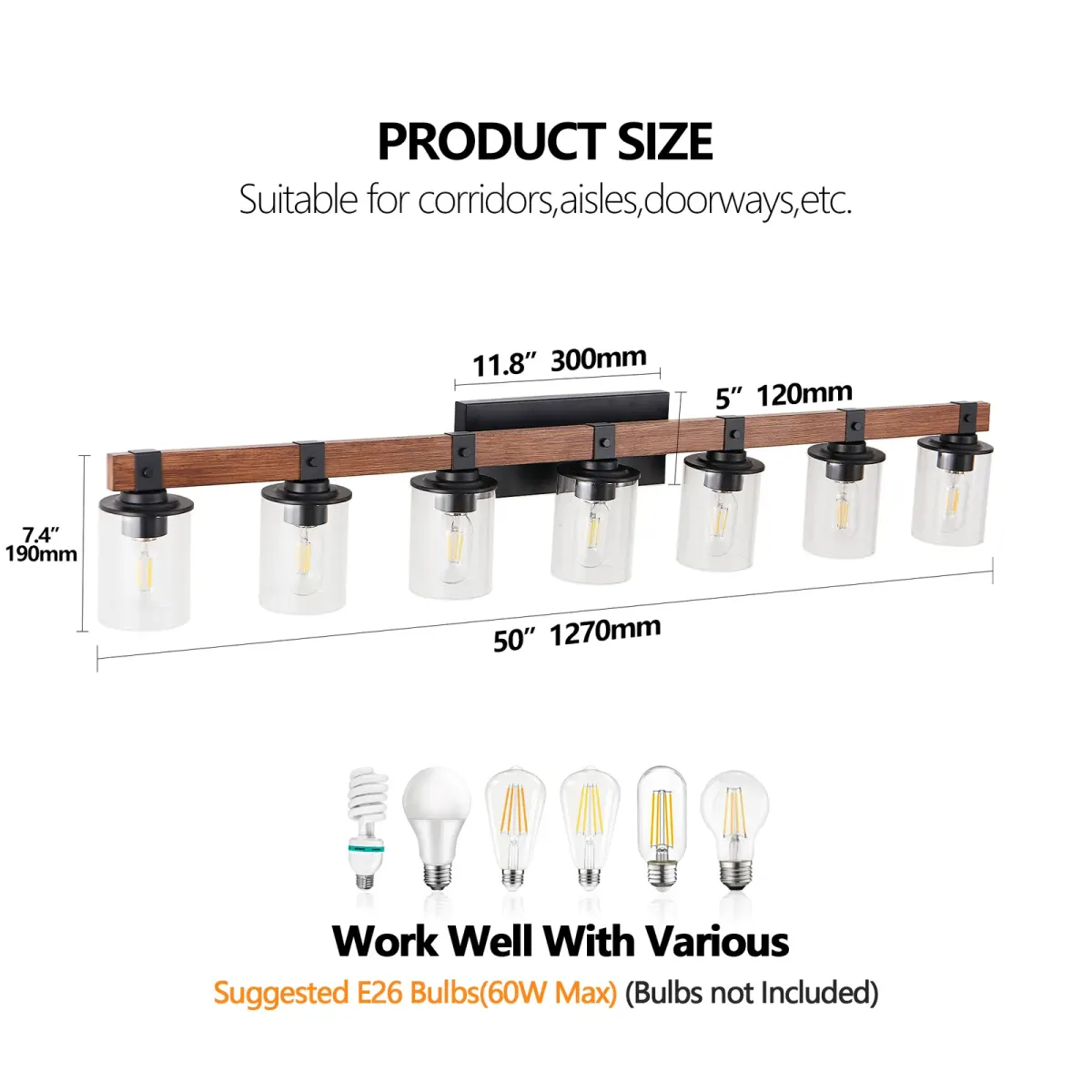 Wood vanity bar, 7 lights, walnut, dimension drawing 3