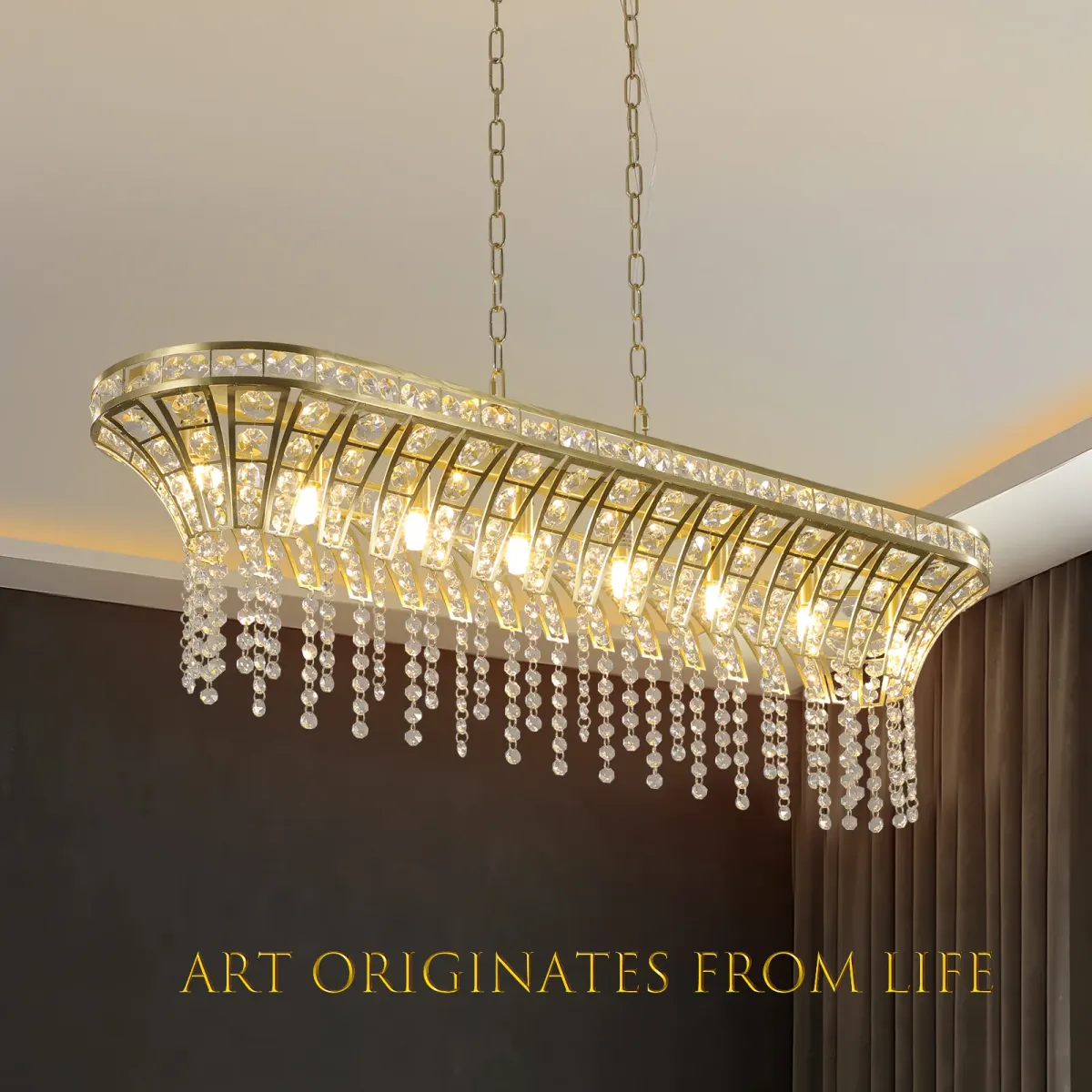 Linear crystal chandelier, gold, view 3