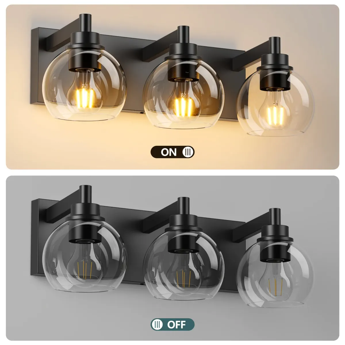 Clear glass vanity bar, 3–6 lights, 19.3–40.6 in, 3 lights, black, view 4