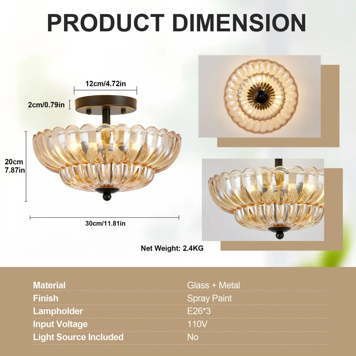 Glass semi-flush mount, 11.8 in, amber, dimension drawing 1
