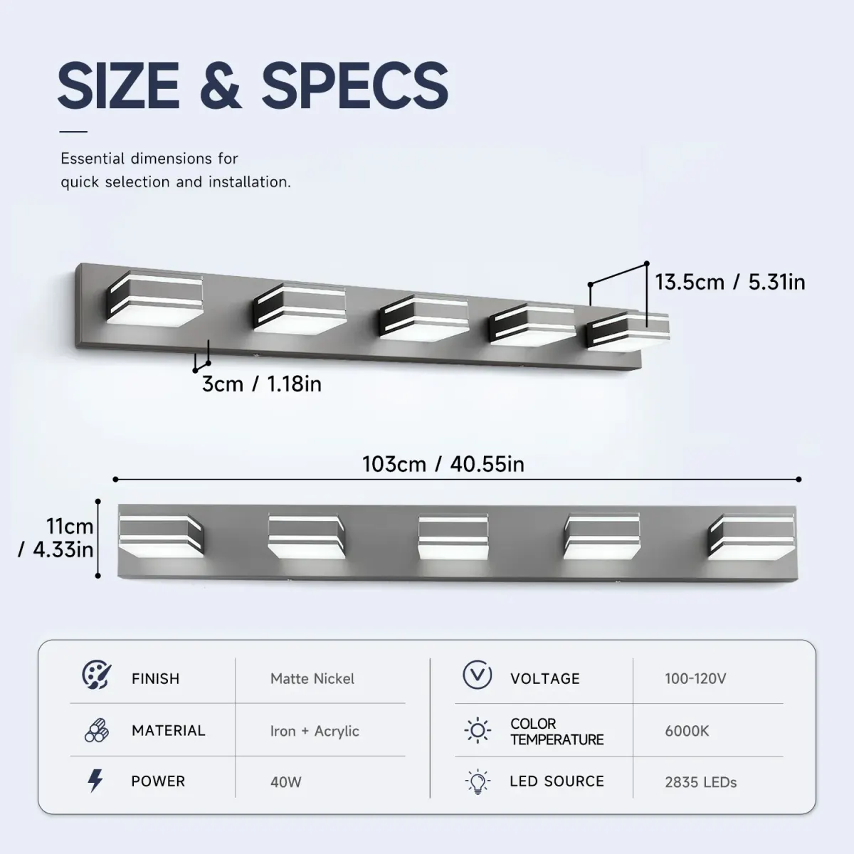 Acrylic vanity bar, 3–6 lights, 23.6–47.2 in, 5 lights, brushed nickel, dimension drawing 1