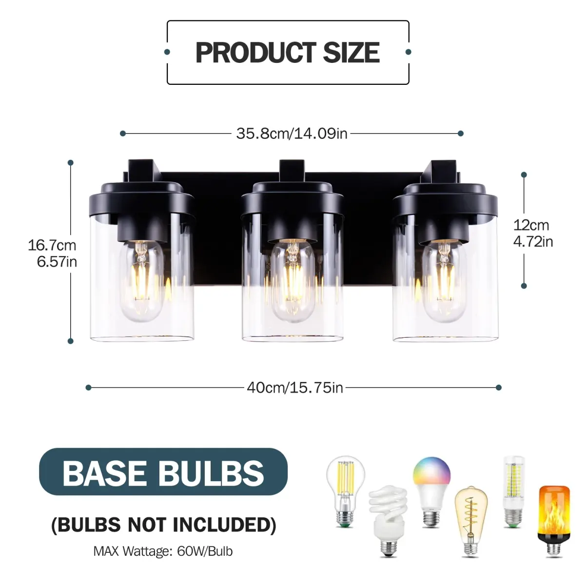 Clear glass vanity bar Z001004, 3 lights, black, dimension drawing 1