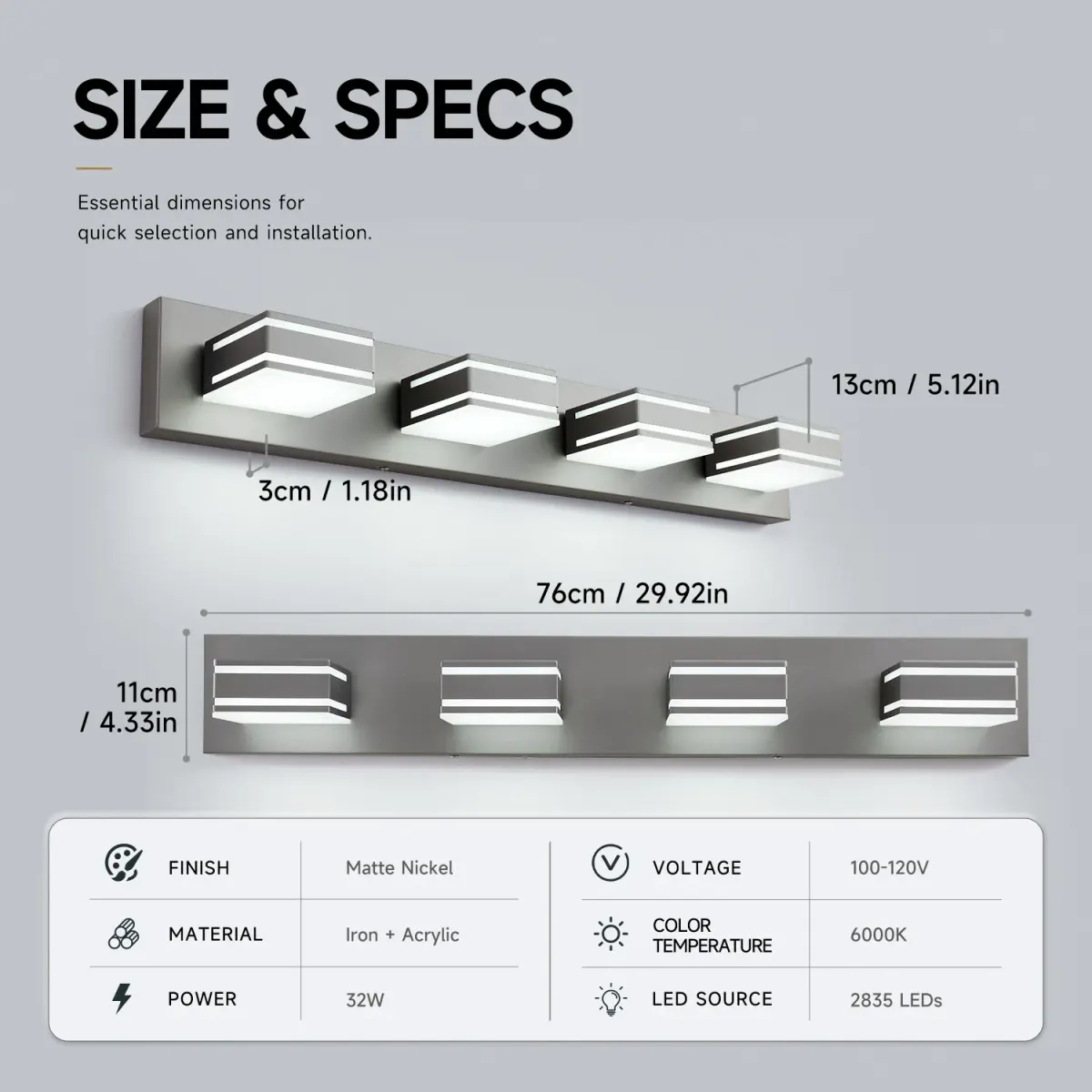 Acrylic vanity bar, 3–6 lights, 23.6–47.2 in, 4 lights, brushed nickel, dimension drawing 1