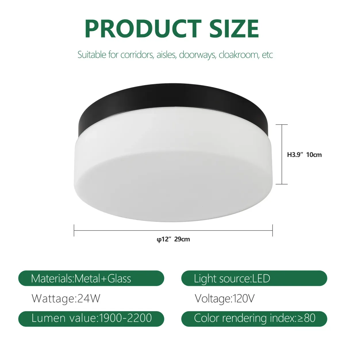 LED flush mount ceiling light, 11.4 in, black, dimension drawing 1