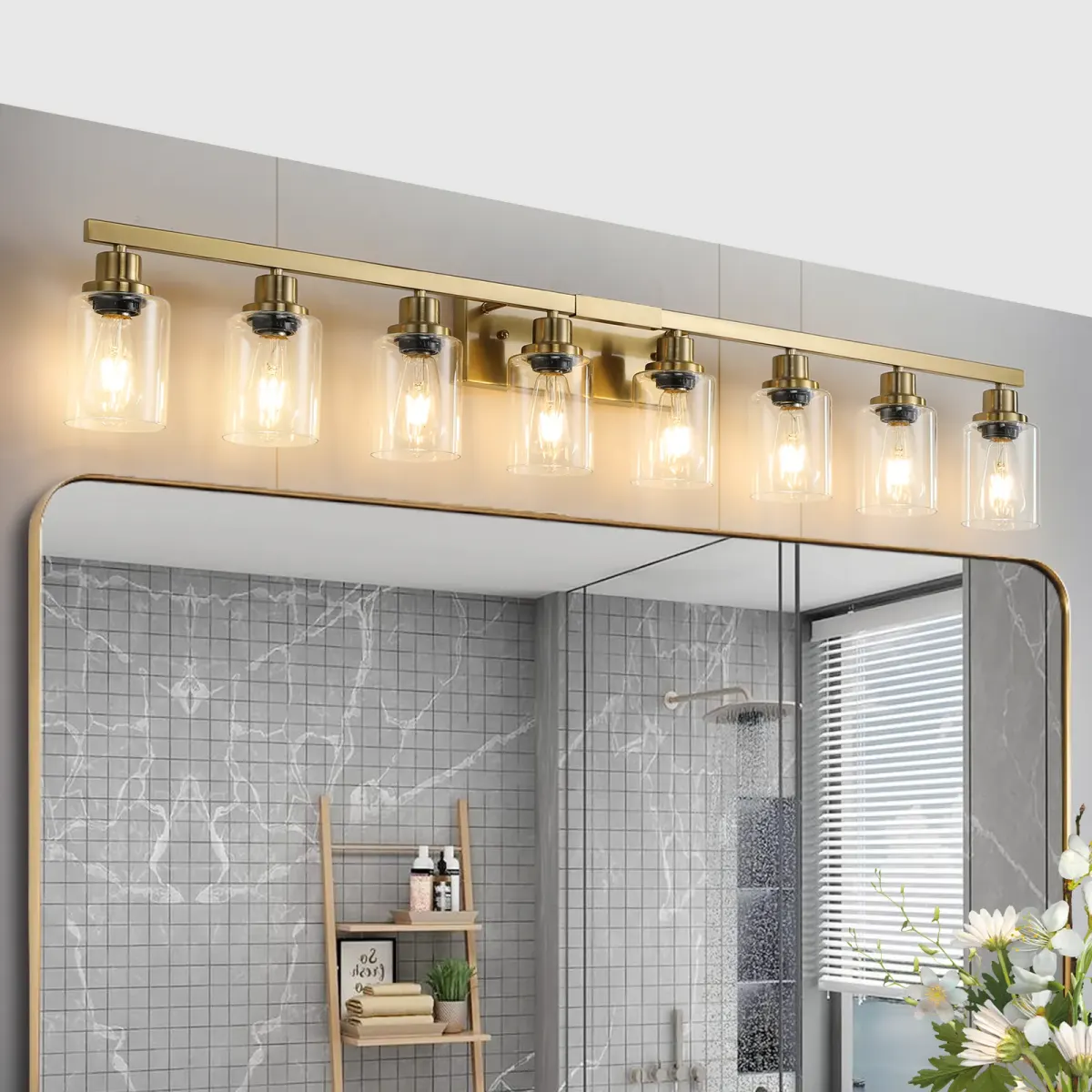 Clear glass vanity bar, 8 lights, copper tone, view 3