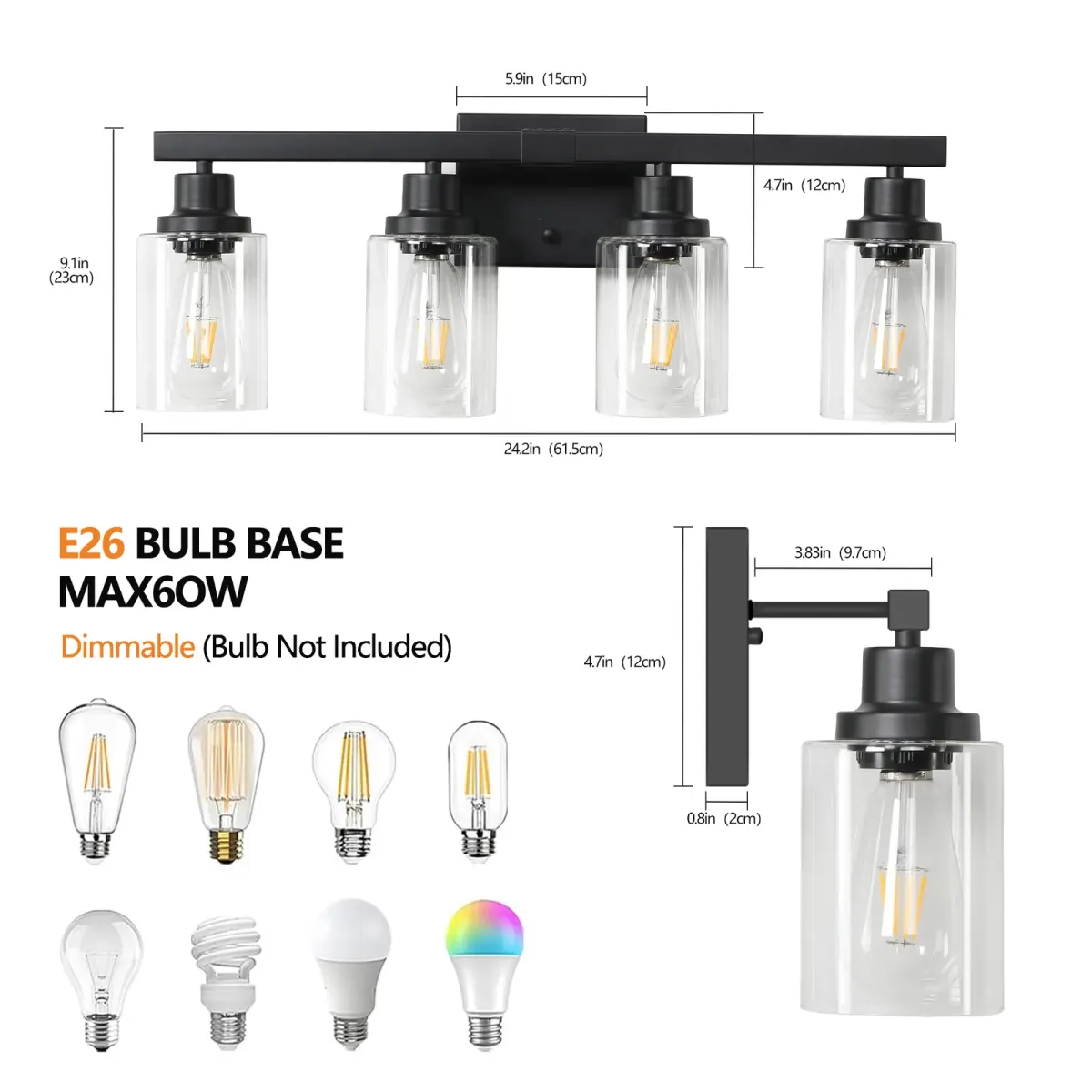 Clear glass vanity bar, 4 lights, black, dimension drawing 1