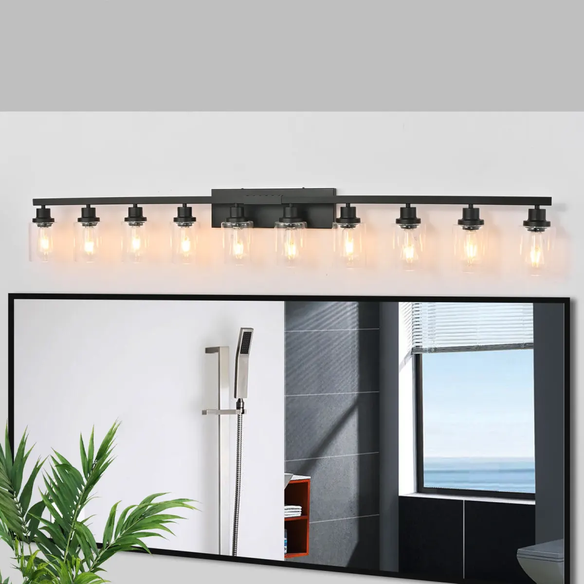 Clear glass vanity bar, 10 lights, black, view 5