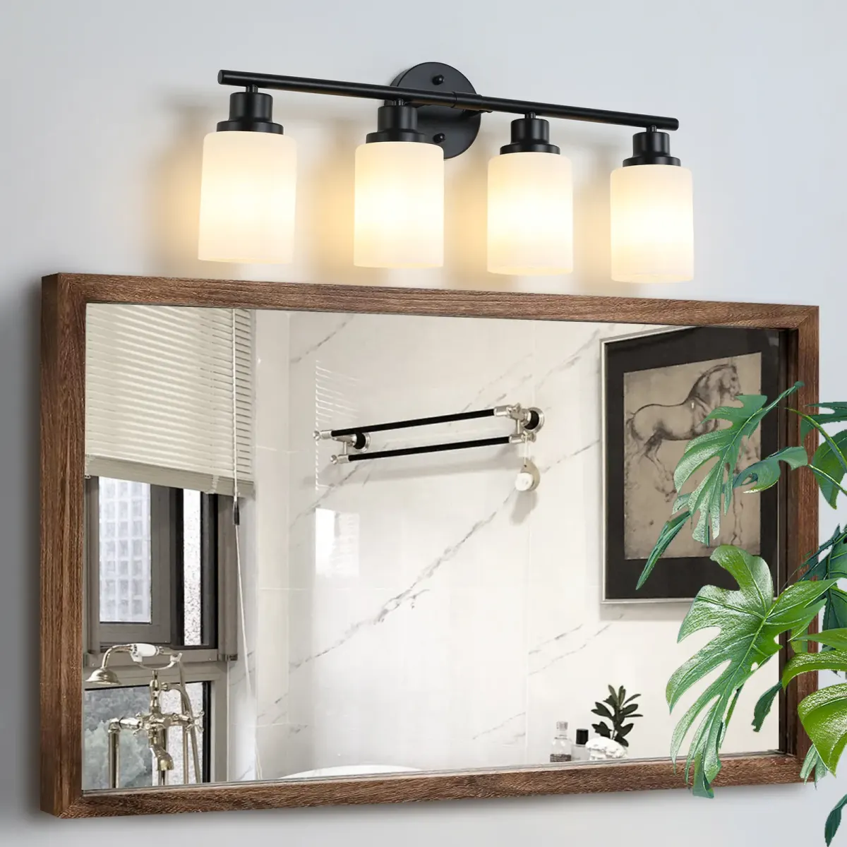 Frosted glass vanity sconce, 4 lights, black, view 4
