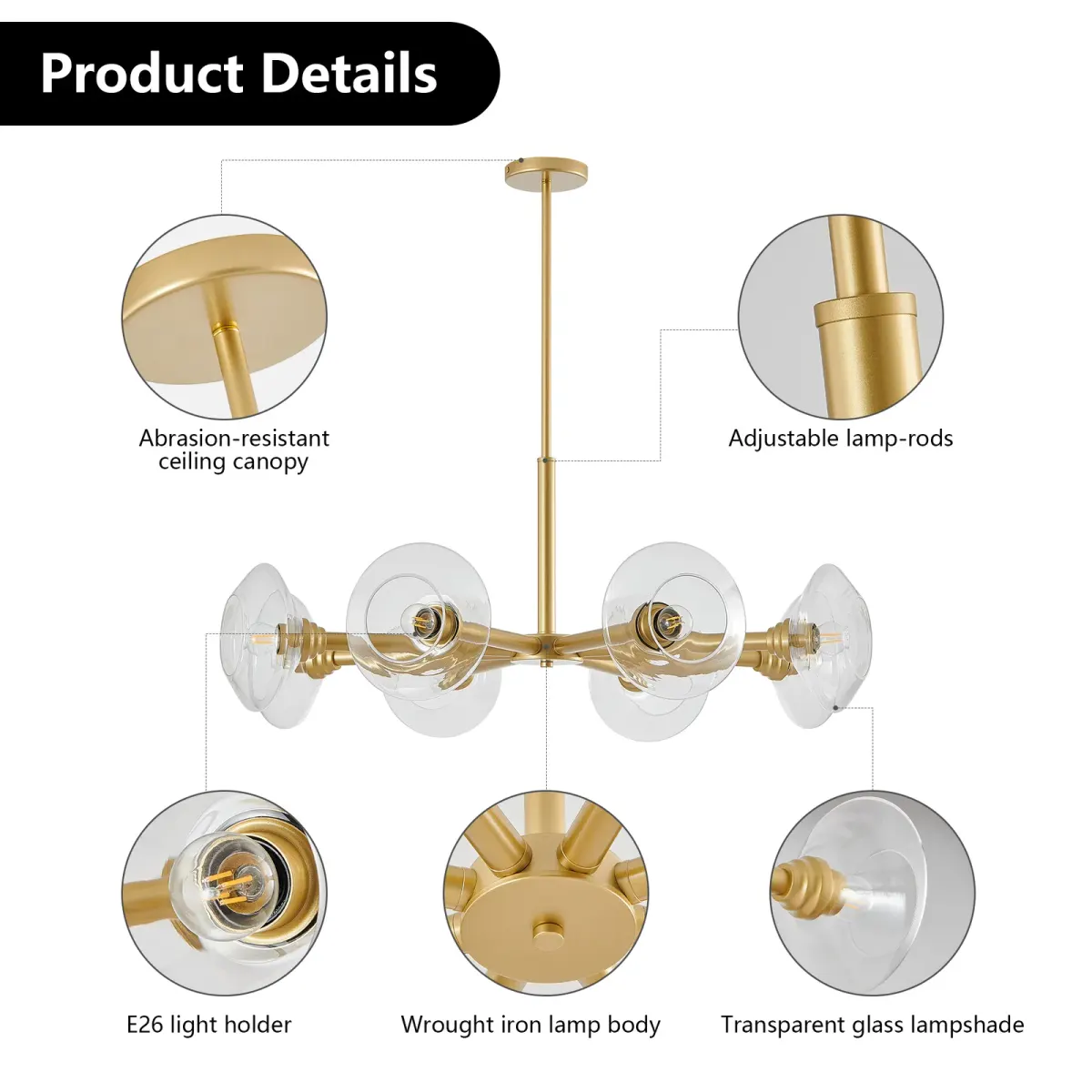 8-light clear glass sputnik chandelier, gold, manufacturer image 2