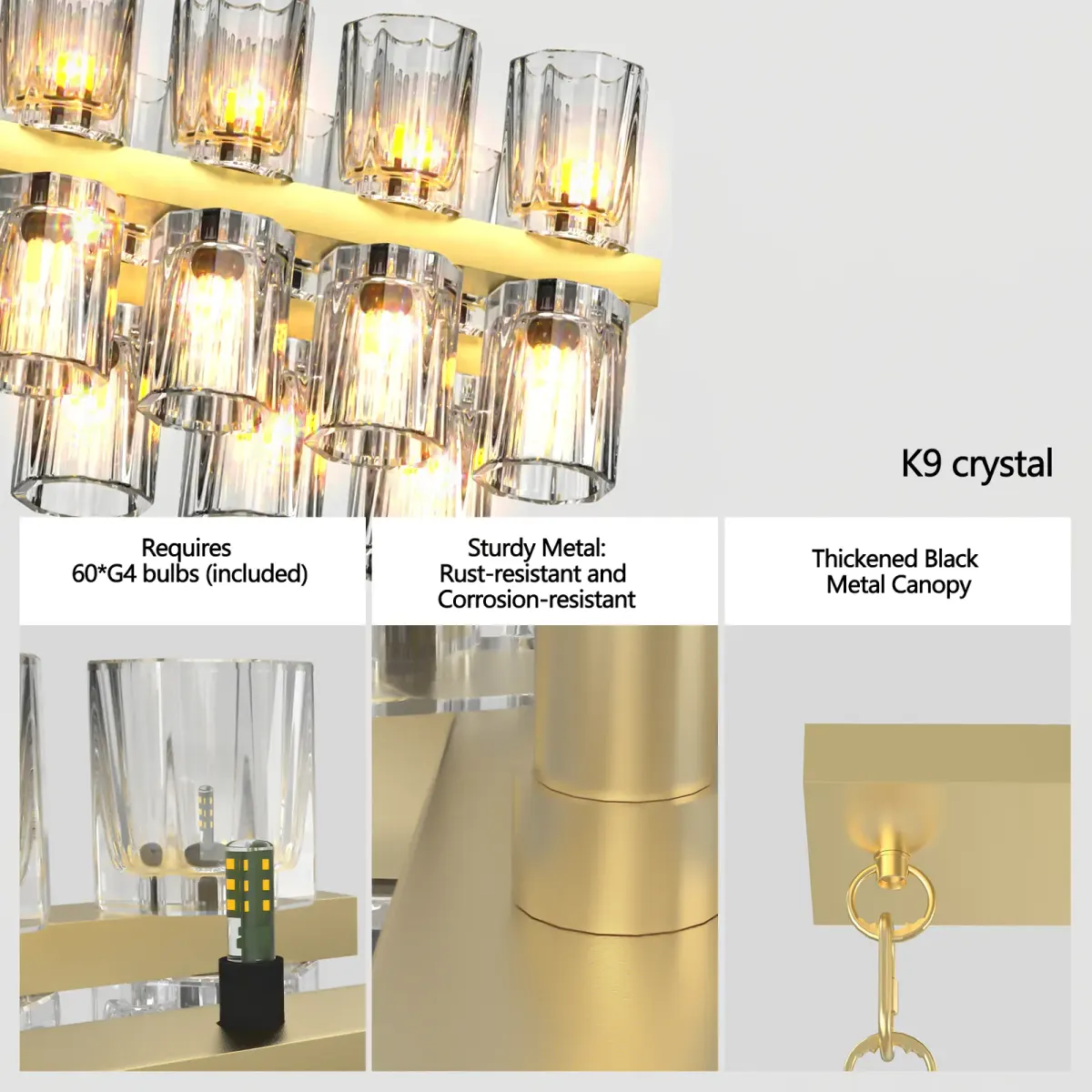 Crystal rectangle chandelier, 53.5 in, gold, manufacturer image 2