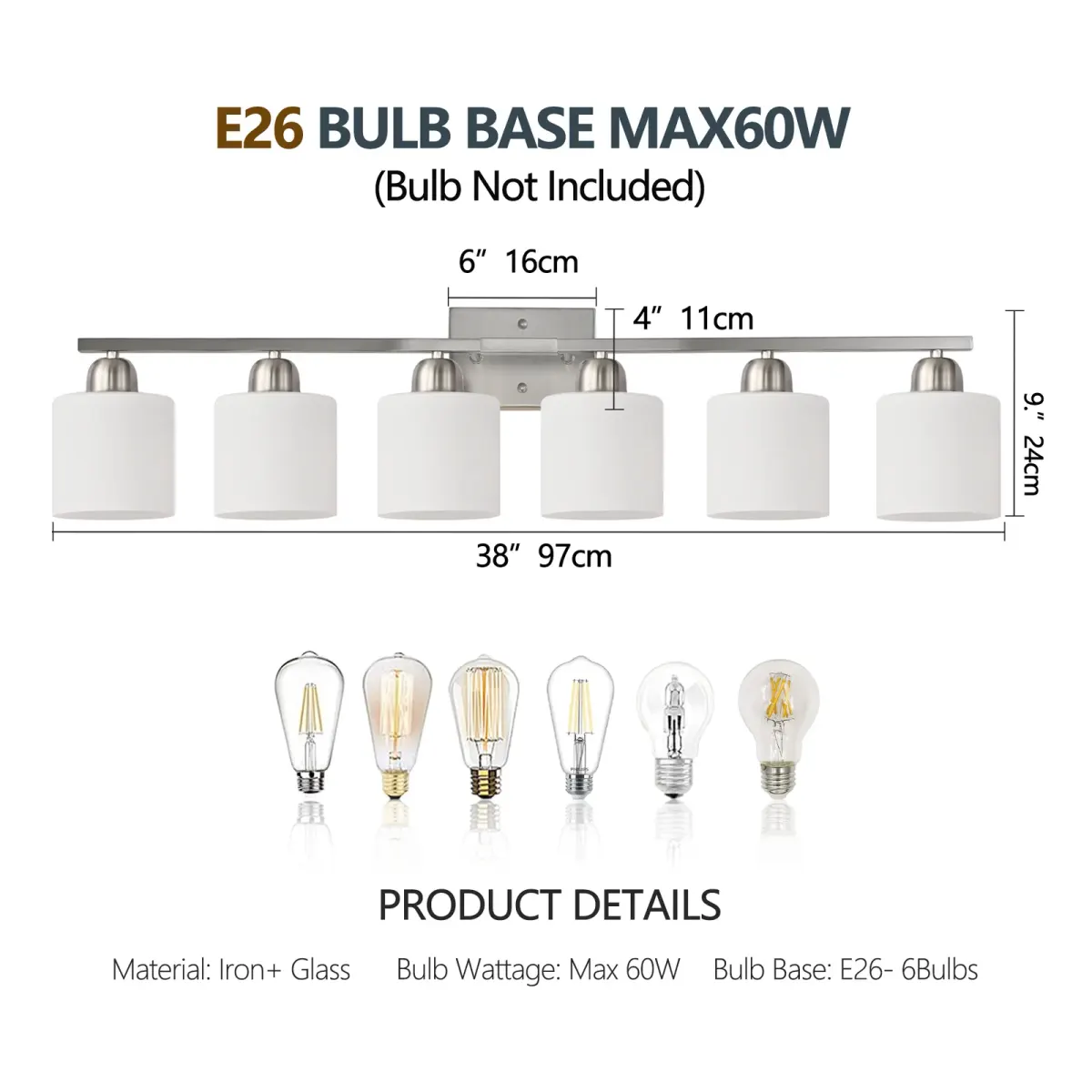 Frosted glass vanity bar, 6 lights, chrome, dimension drawing 1