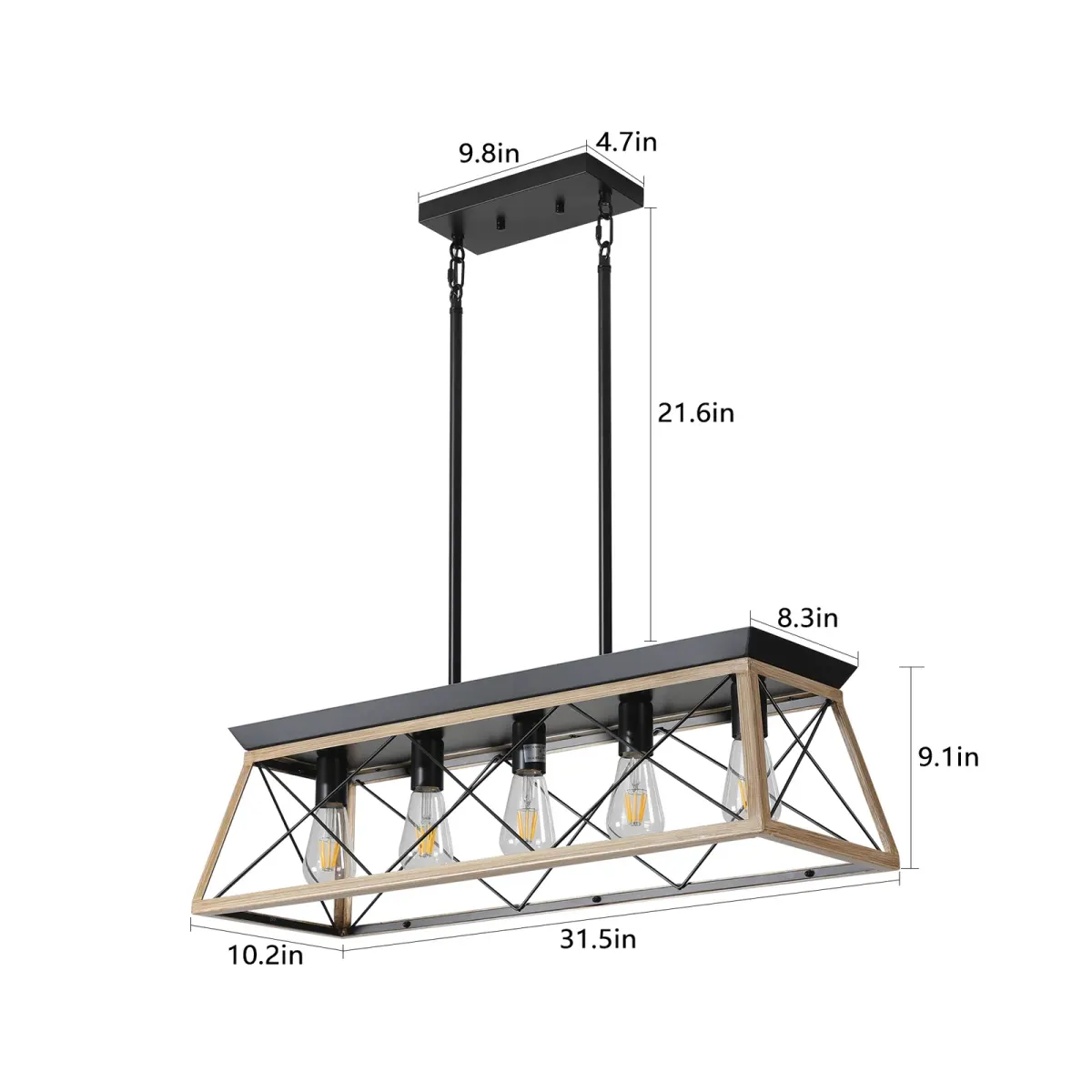 5-light cage chandelier, oak, dimension drawing 1