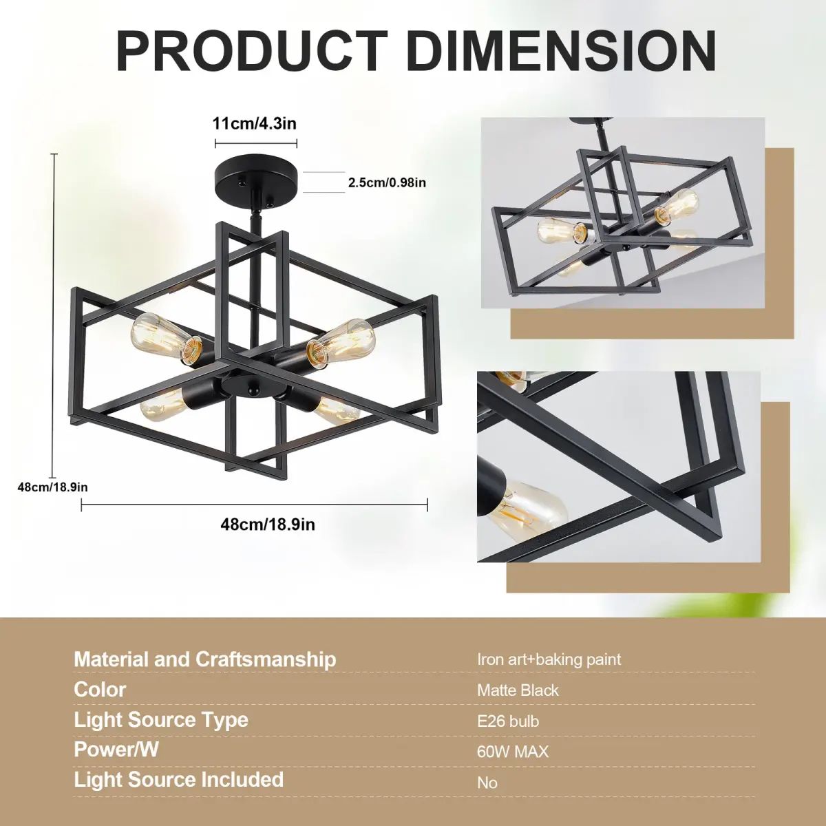 Flush mount chandelier, 4 lights, black, dimension drawing 2