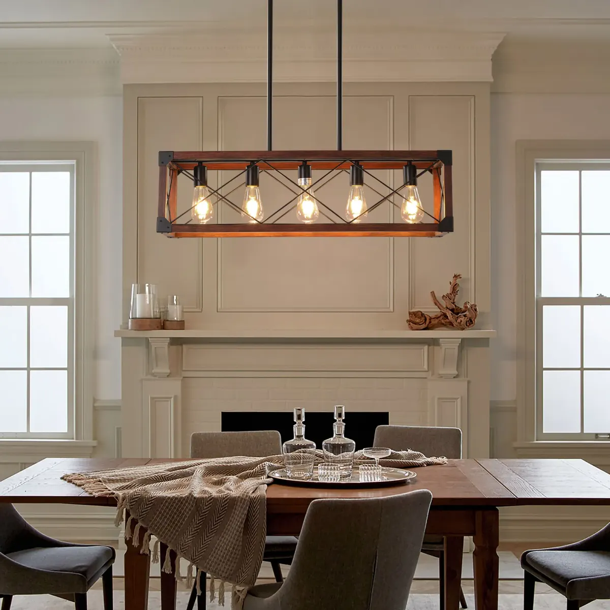 Rectangle pendant chandelier, 5 lights, black,red
