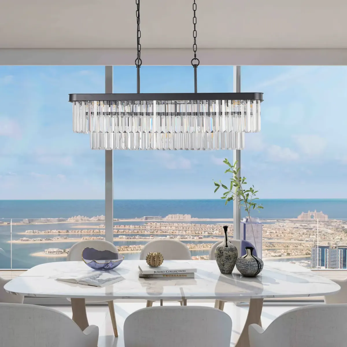 Crystal rectangle chandelier, 33.5 in, 33.5 in, black, view 2