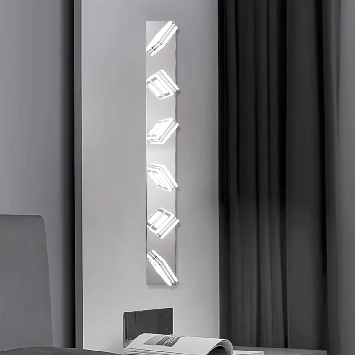 Square acrylic vanity bar, 6 lights, chrome, view 2