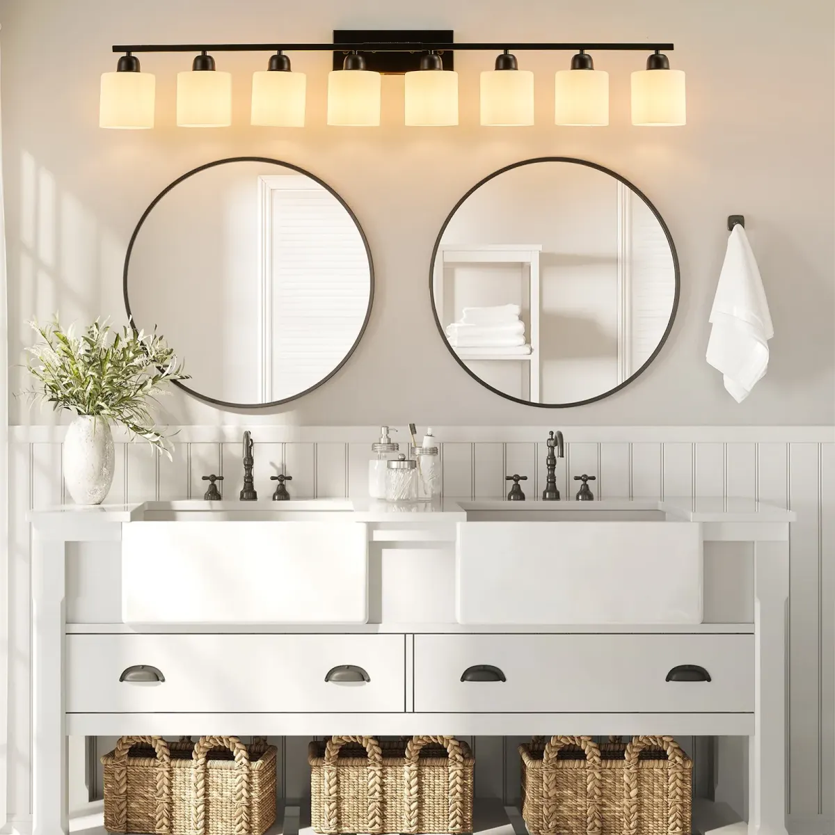 Frosted glass vanity bar, 8 lights, black, view 2