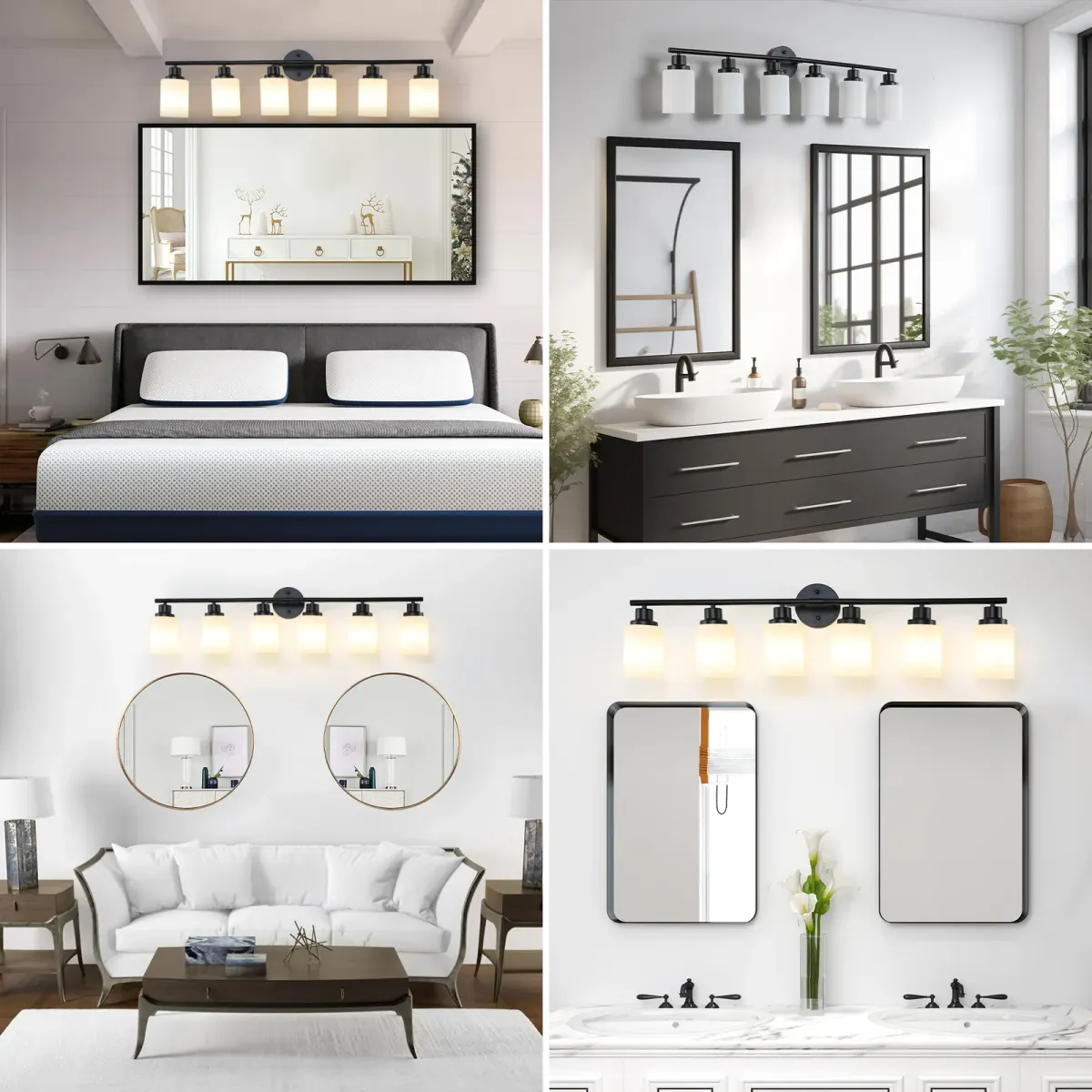 Frosted glass vanity sconce, 6 lights, black, view 5