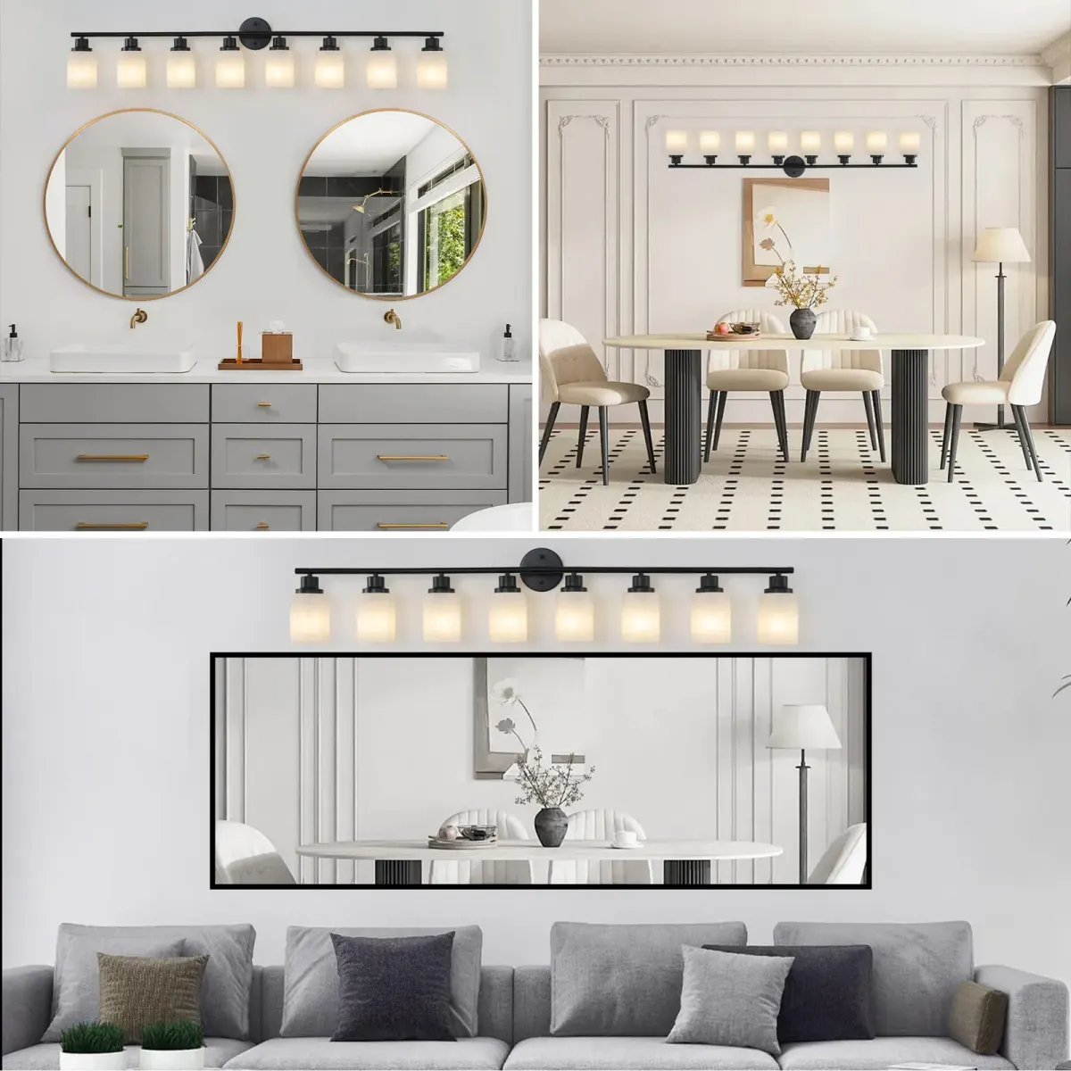Frosted glass vanity sconce, 8 lights, black, view 4