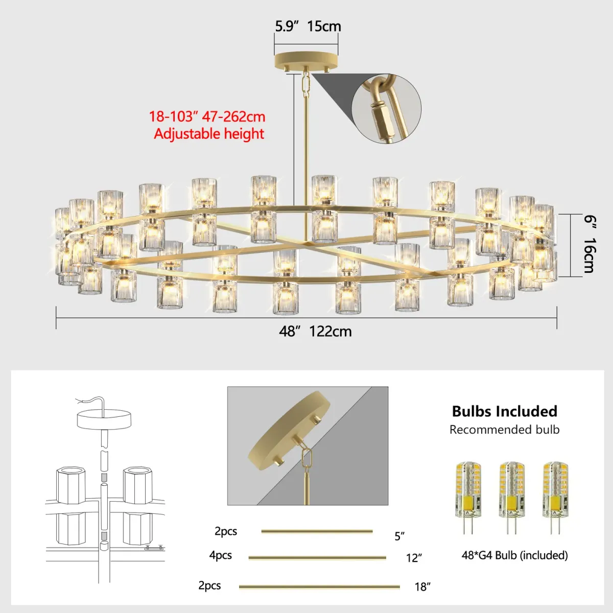 48-light crystal wagon wheel chandelier, gold, dimension drawing 1