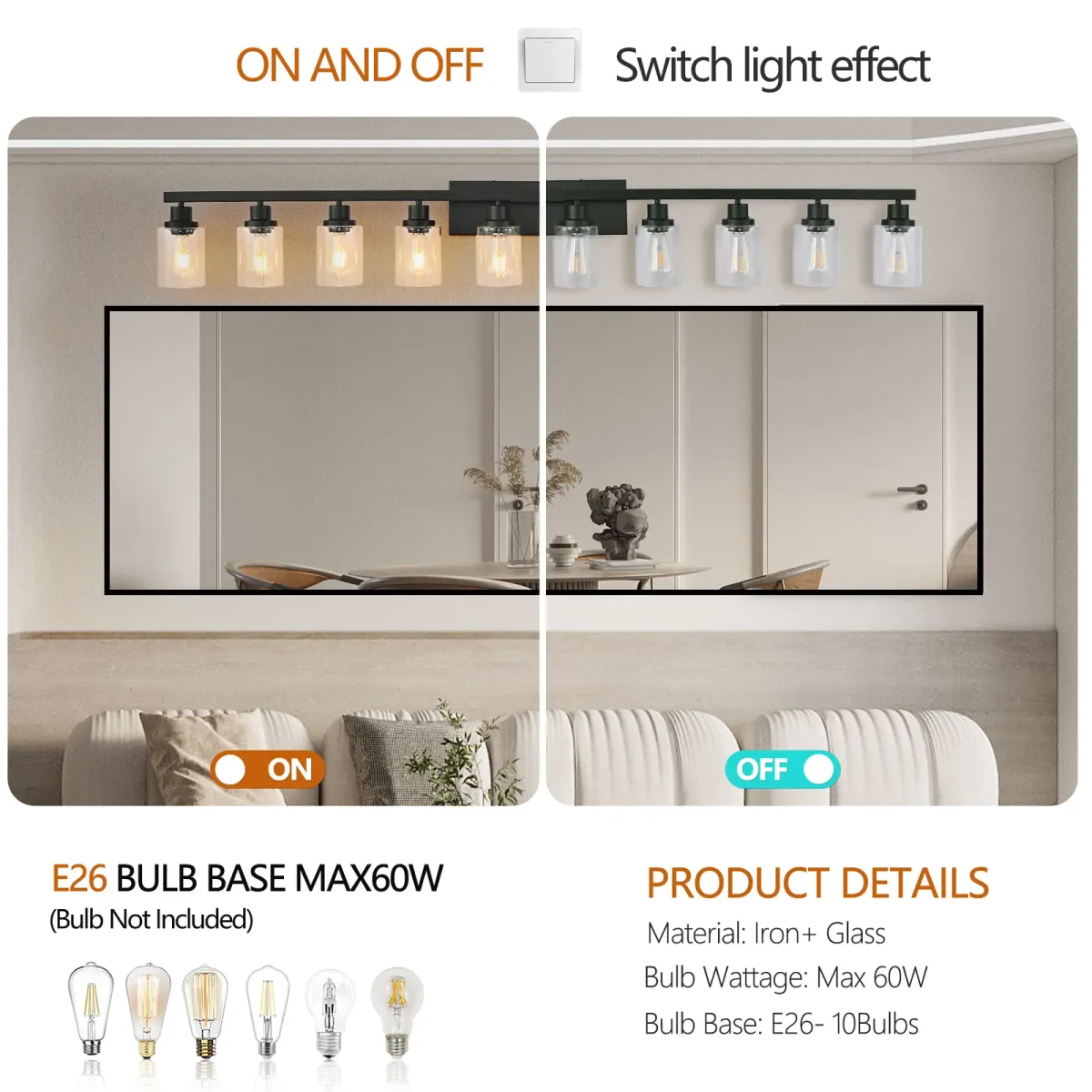 Clear glass vanity bar, 10 lights, black, manufacturer image 2