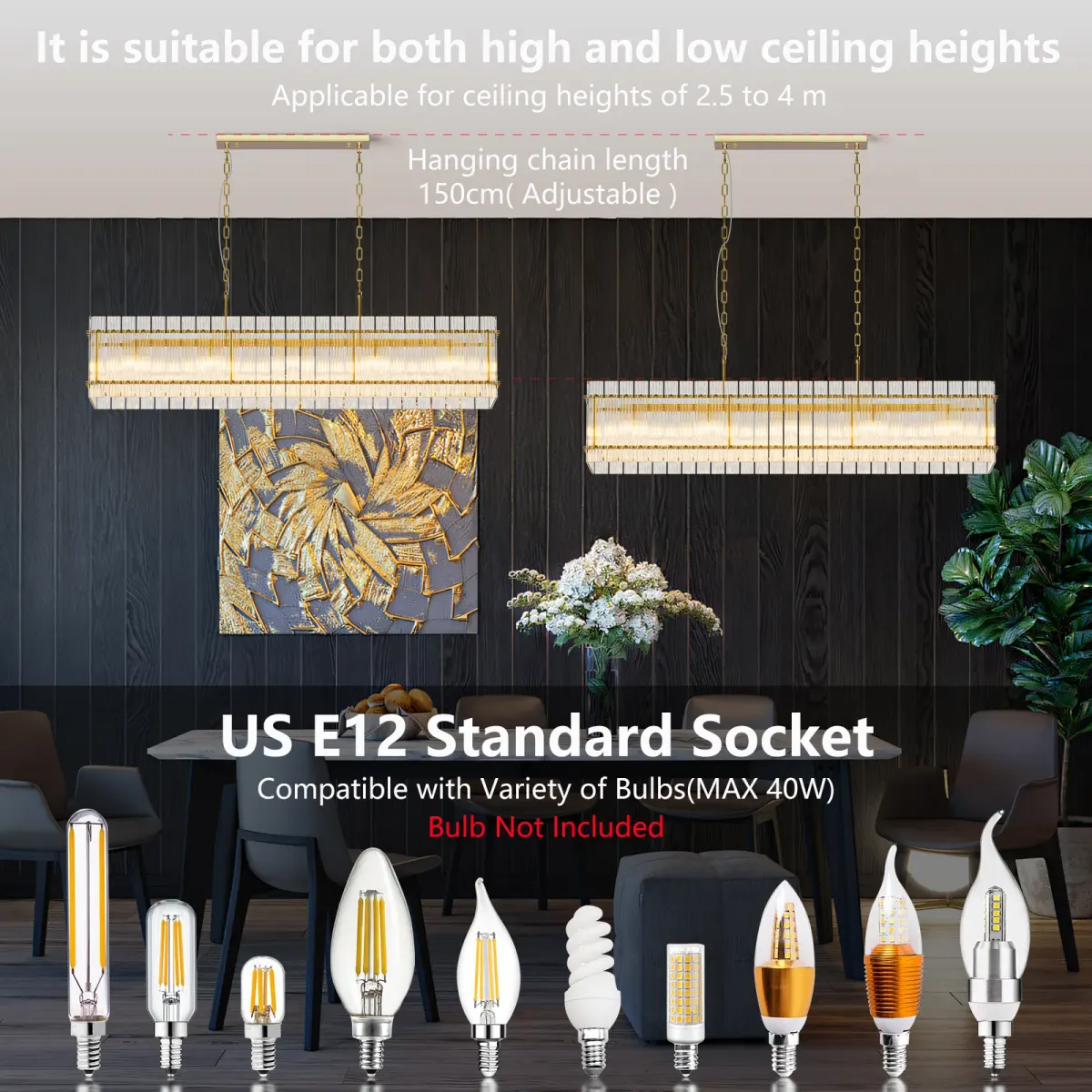 10-light crystal rectangle chandelier, gold, manufacturer image 1
