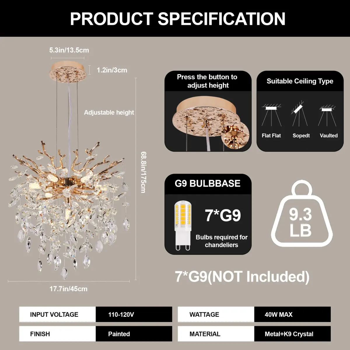 7-light crystal branch chandelier, gold, manufacturer image 2